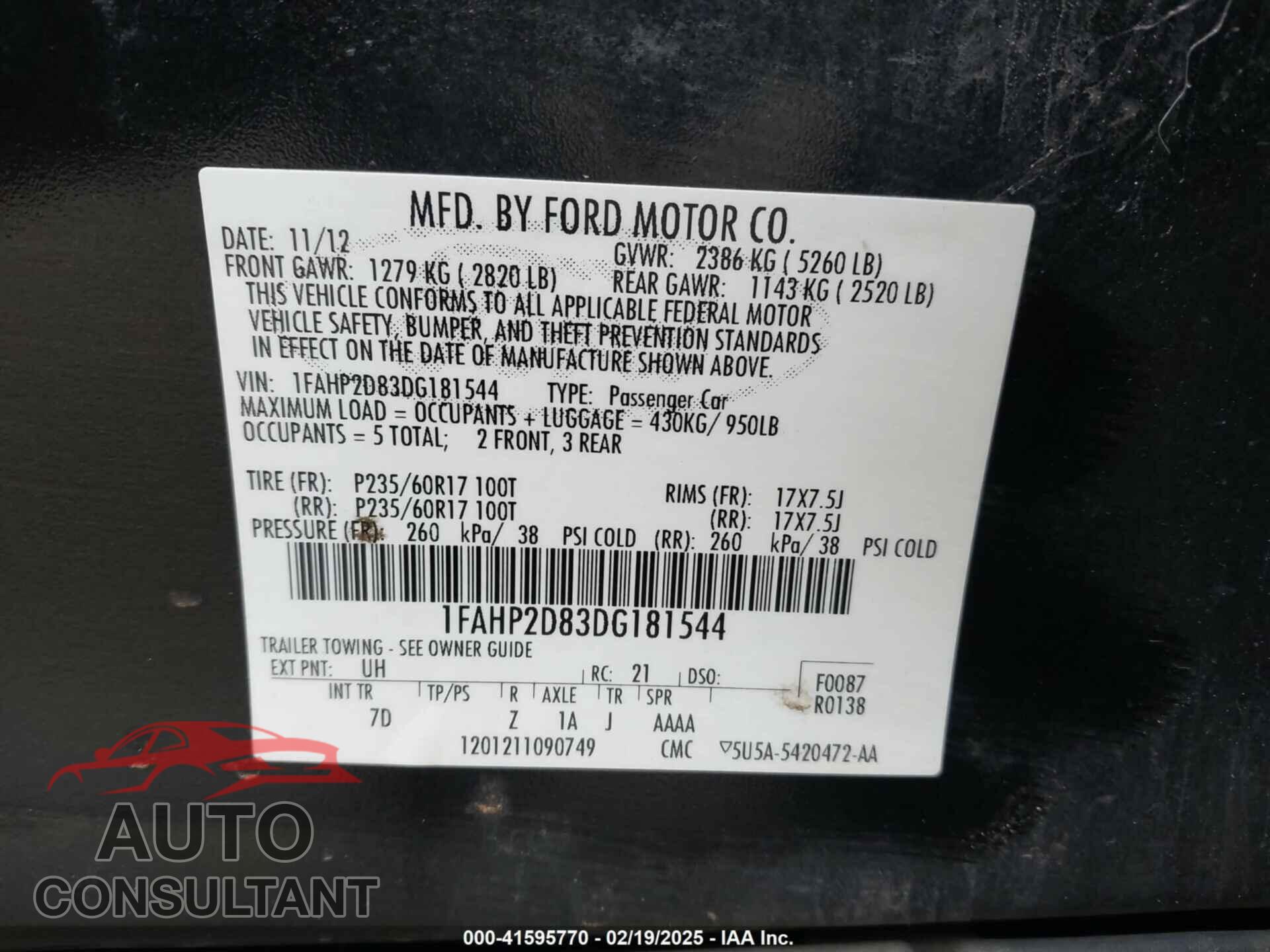 FORD TAURUS 2013 - 1FAHP2D83DG181544