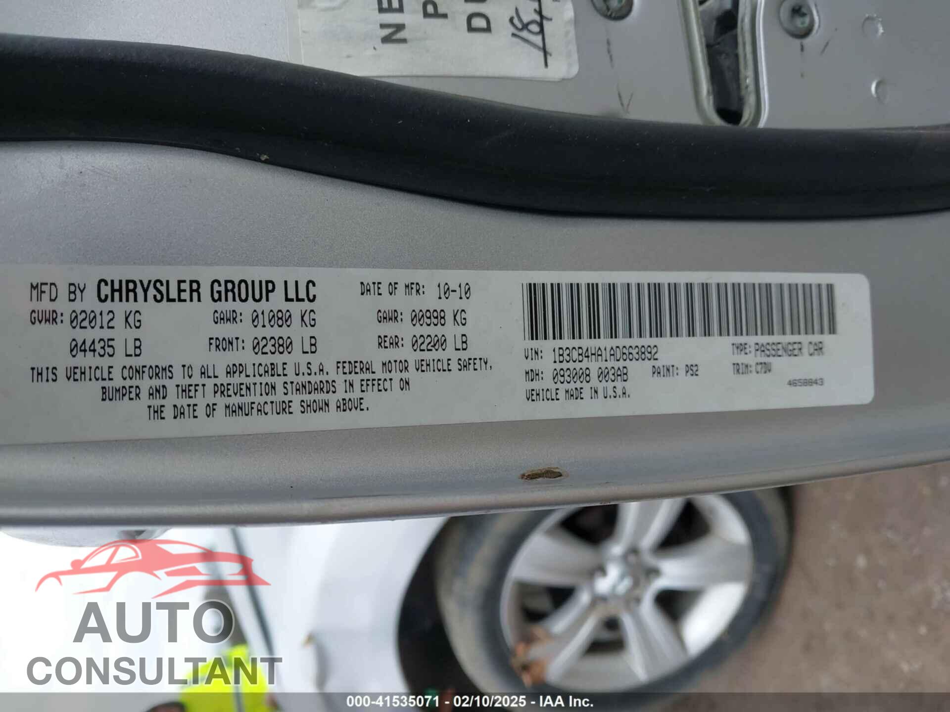 DODGE CALIBER 2010 - 1B3CB4HA1AD663892
