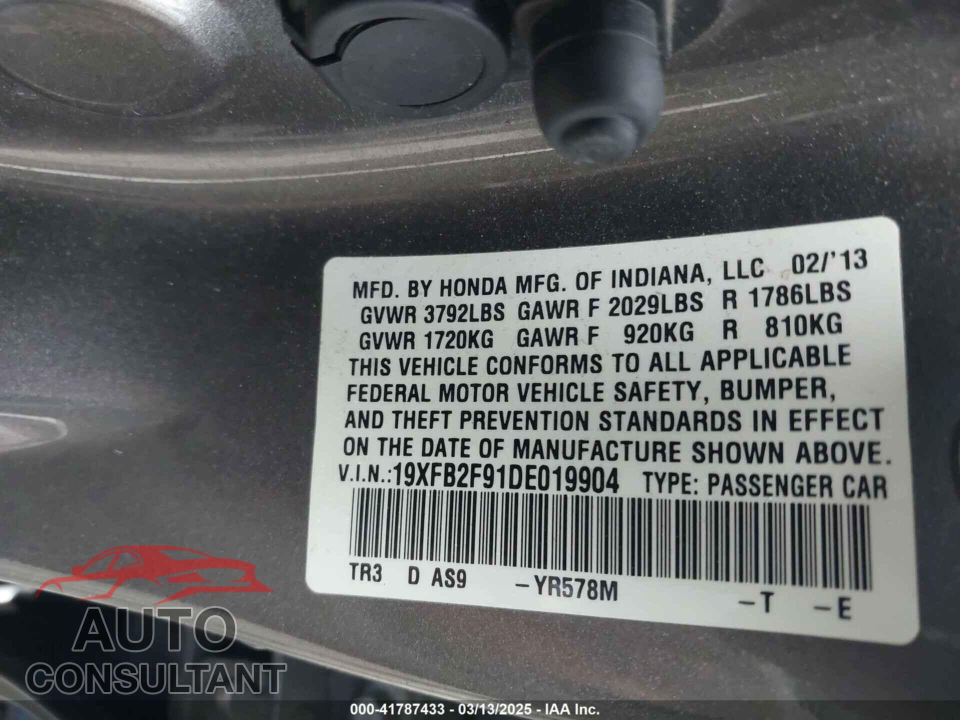 HONDA CIVIC 2013 - 19XFB2F91DE019904