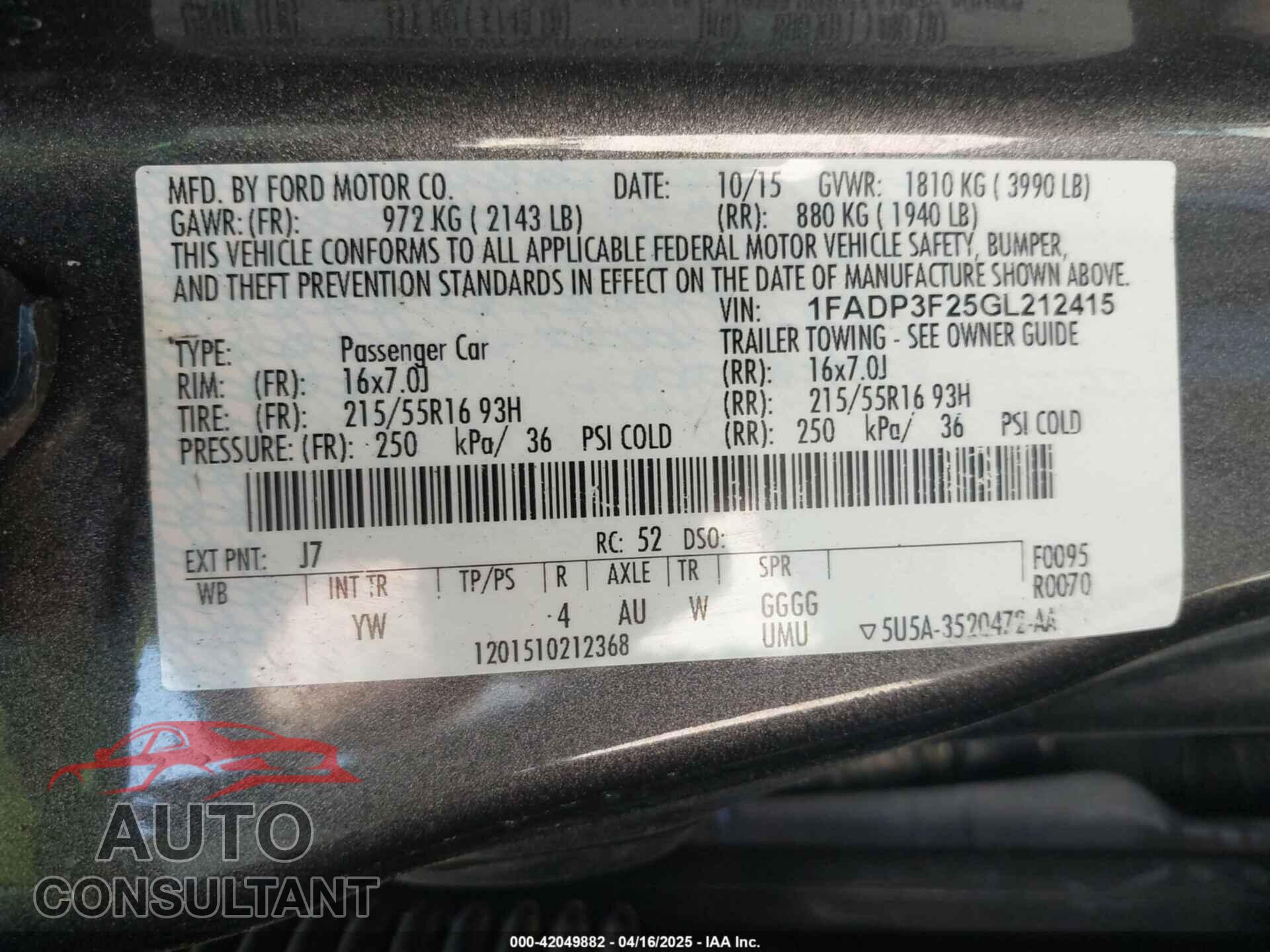 FORD FOCUS 2016 - 1FADP3F25GL212415