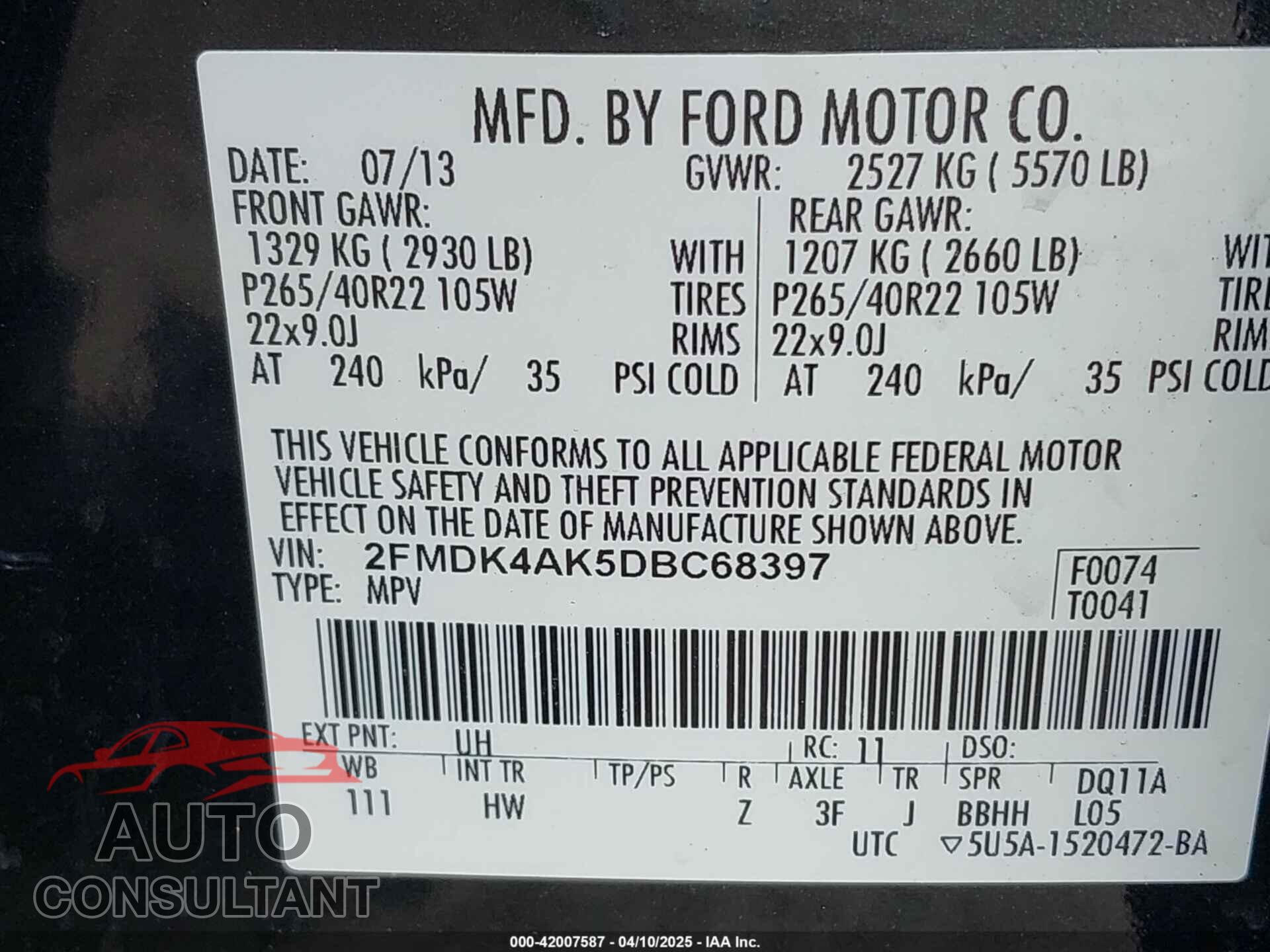 FORD EDGE 2013 - 2FMDK4AK5DBC68397