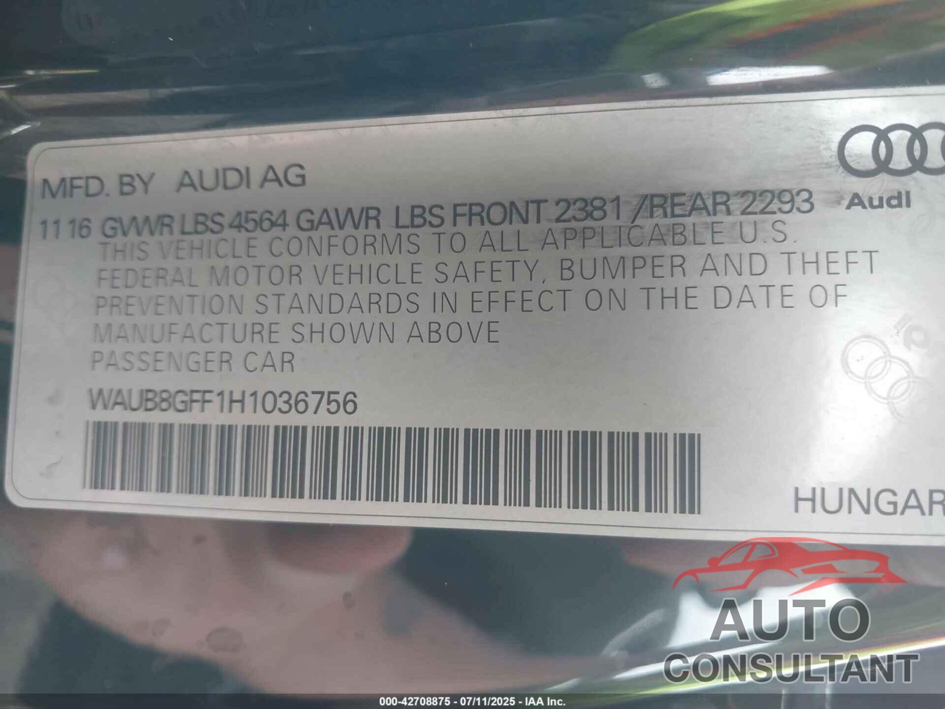 AUDI A3 2017 - WAUB8GFF1H1036756