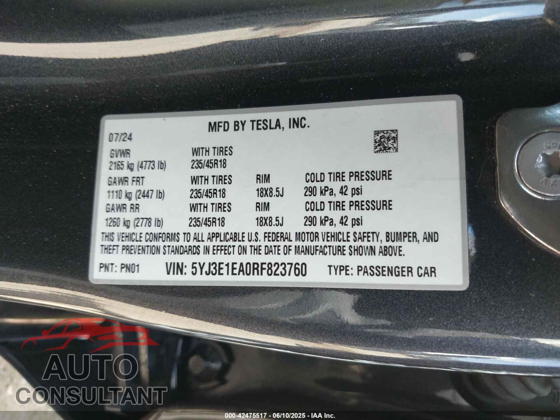 TESLA MODEL 3 2024 - 5YJ3E1EA0RF823760
