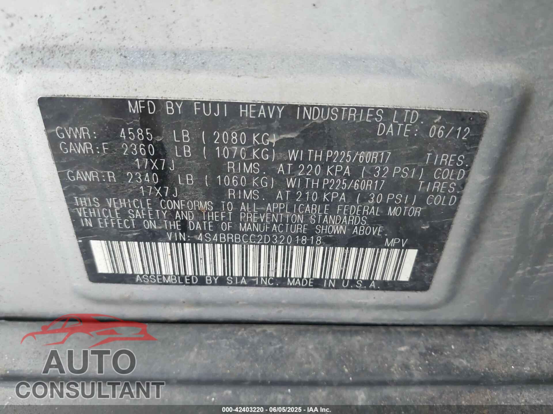 SUBARU OUTBACK 2013 - 4S4BRBCC2D3201818