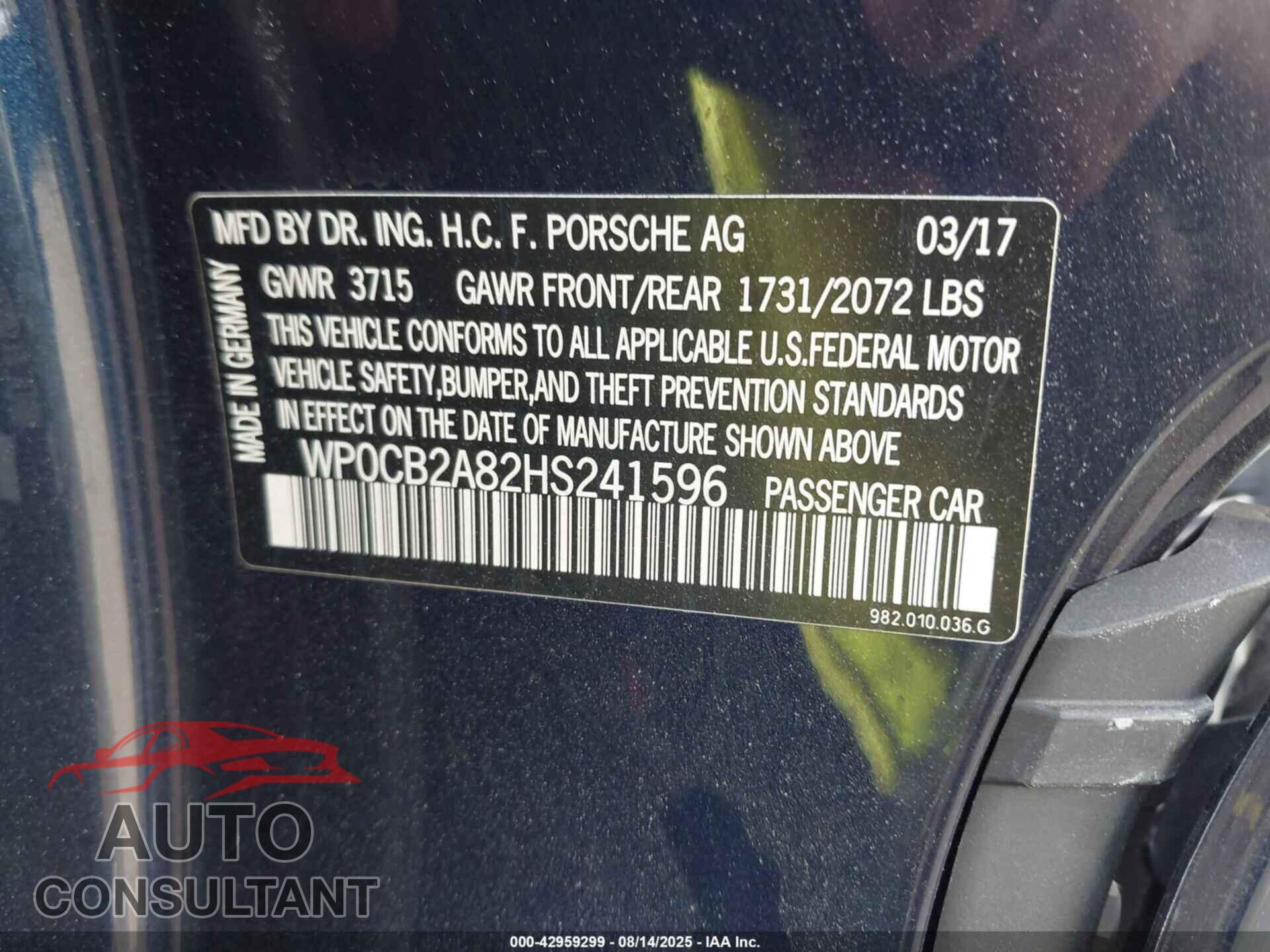 PORSCHE 718 BOXSTER 2017 - WP0CB2A82HS241596