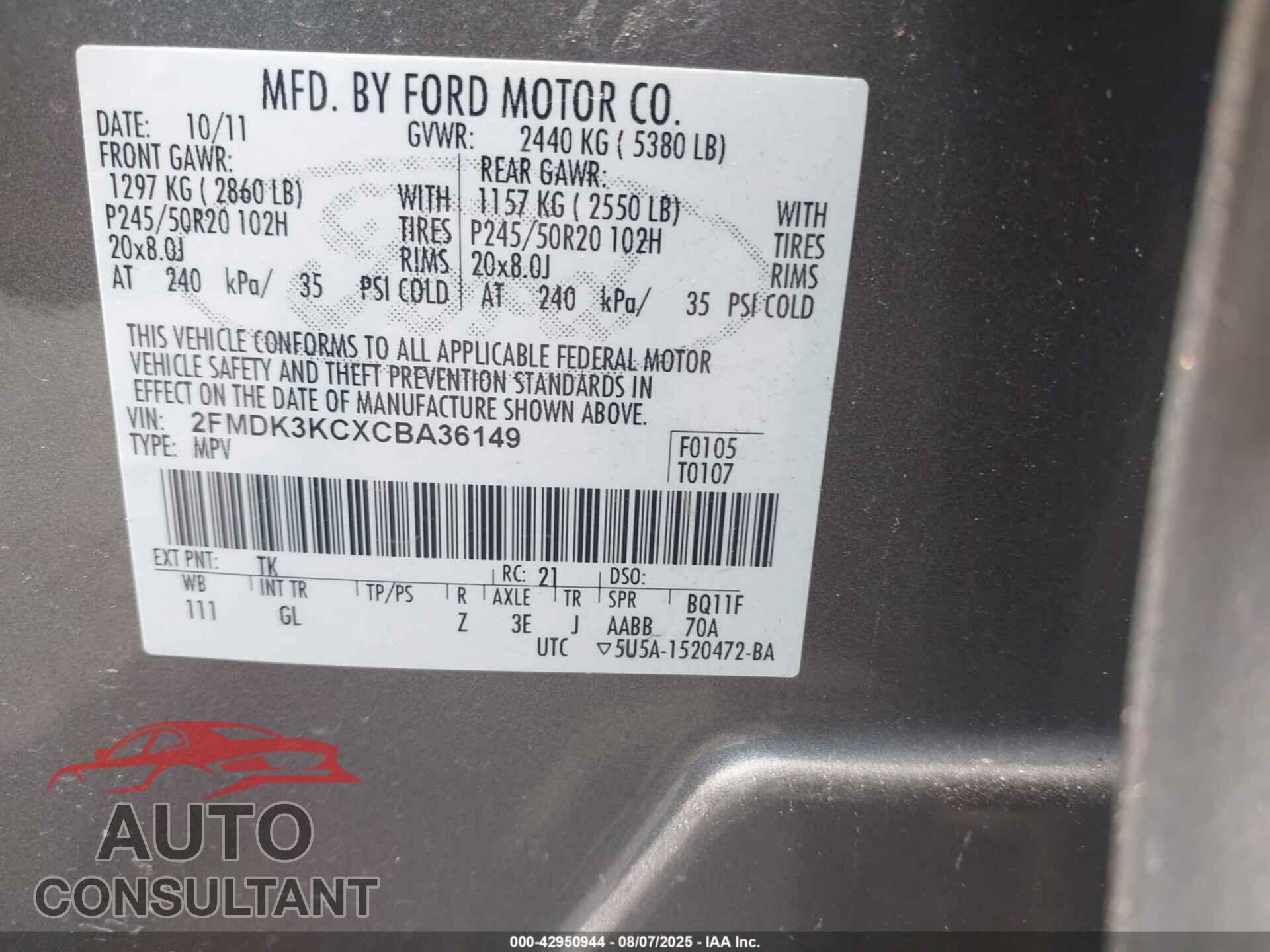 FORD EDGE 2012 - 2FMDK3KCXCBA36149