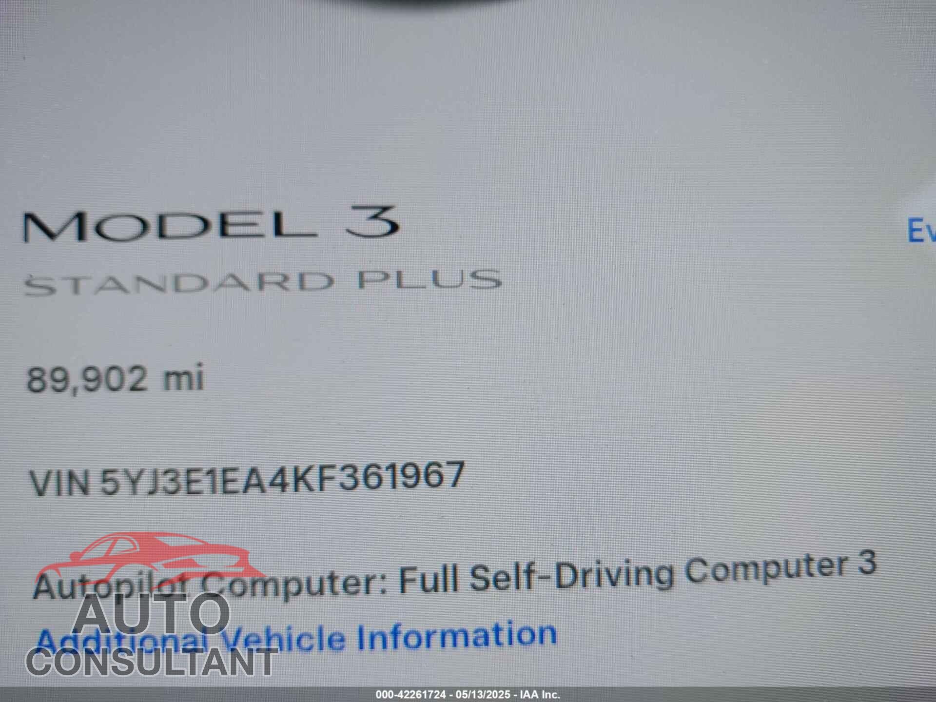 TESLA MODEL 3 2019 - 5YJ3E1EA4KF361967