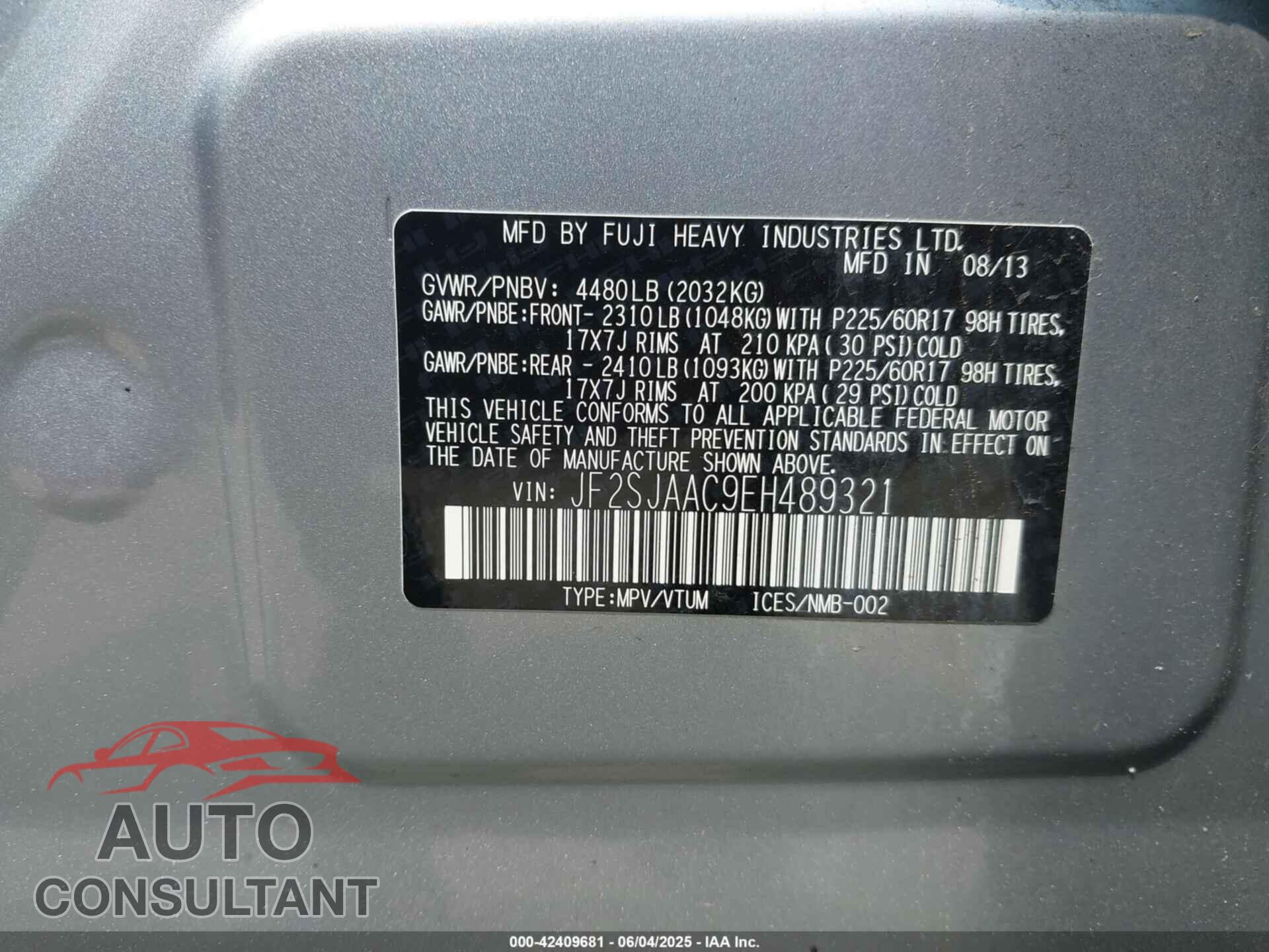 SUBARU FORESTER 2014 - JF2SJAAC9EH489321