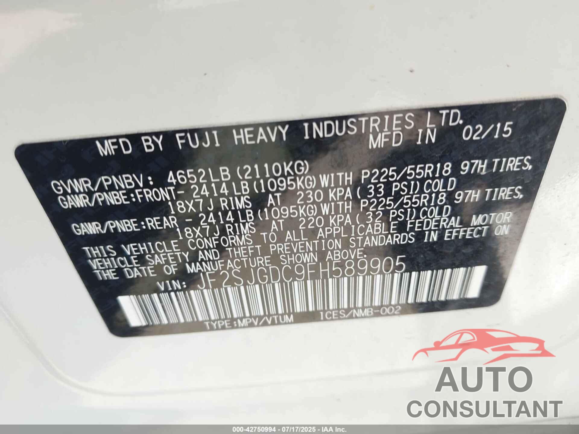 SUBARU FORESTER 2015 - JF2SJGDC9FH589905