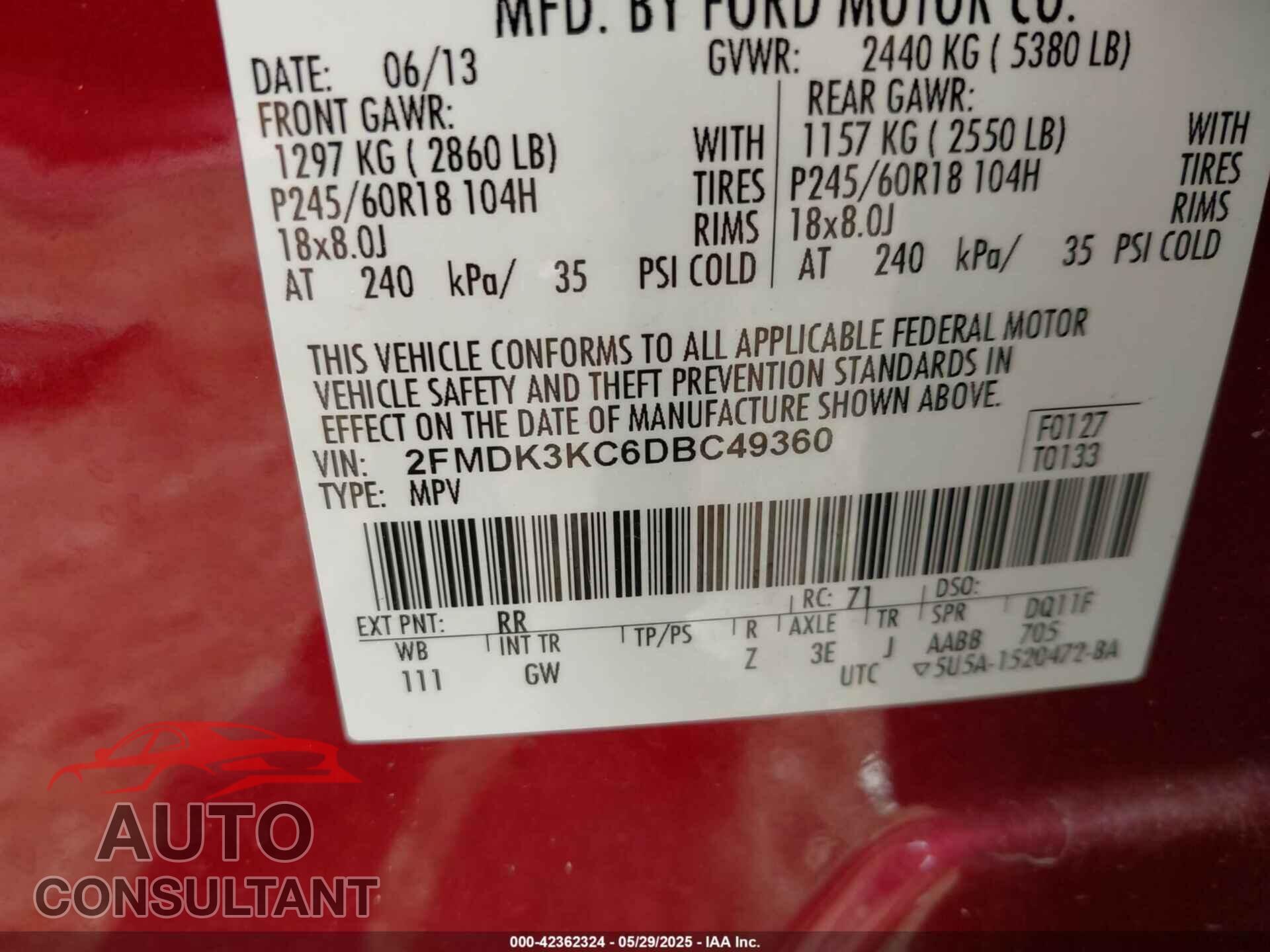 FORD EDGE 2013 - 2FMDK3KC6DBC49360