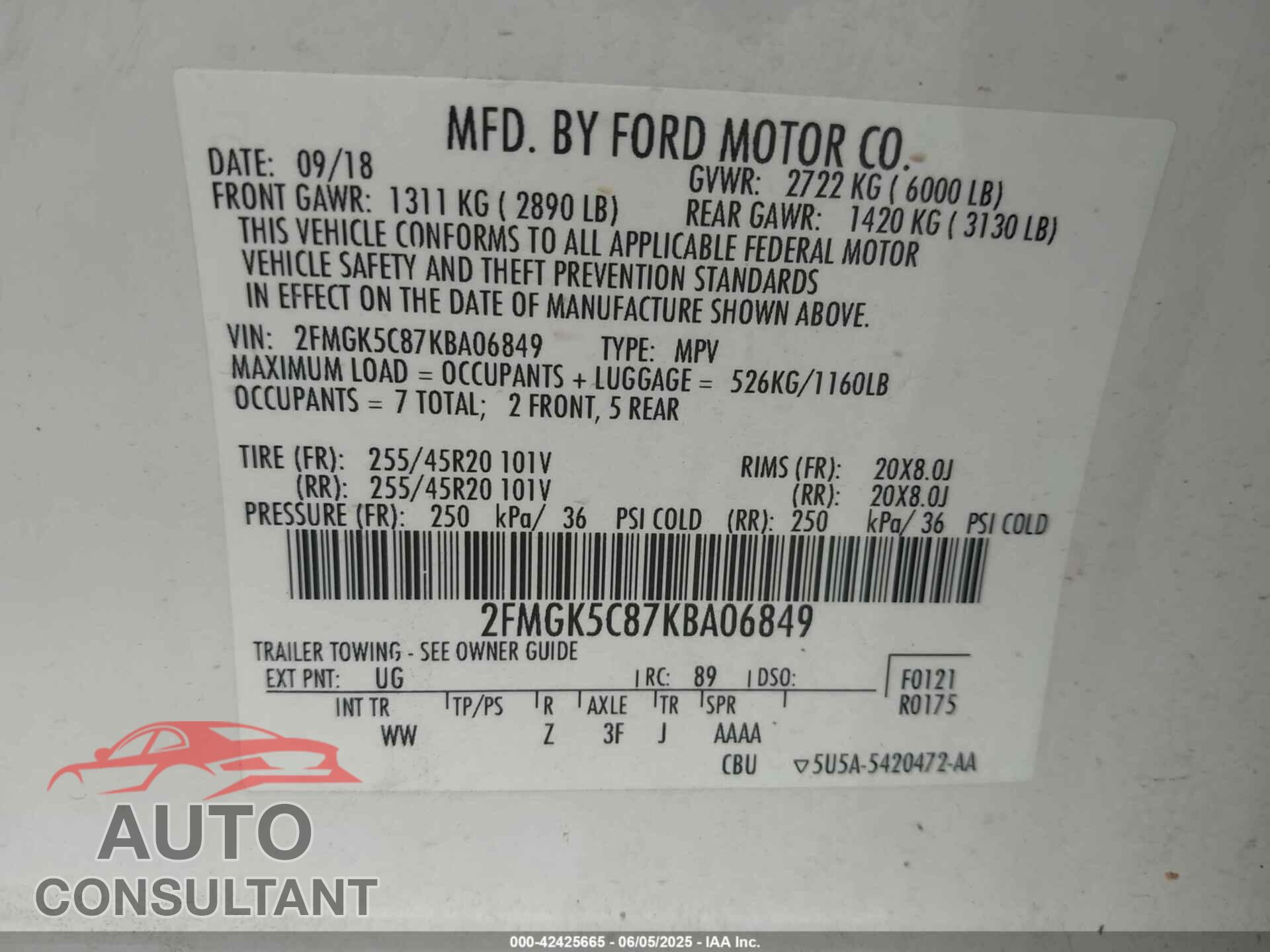 FORD FLEX 2019 - 2FMGK5C87KBA06849