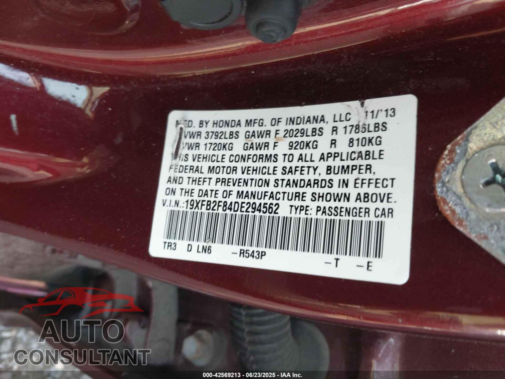HONDA CIVIC 2013 - 19XFB2F84DE294562