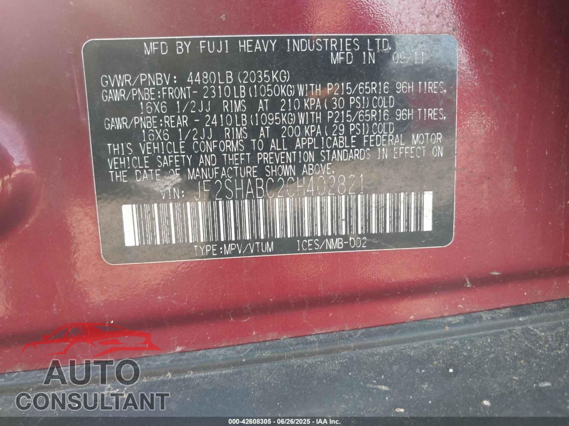 SUBARU FORESTER 2012 - JF2SHABC2CH402821