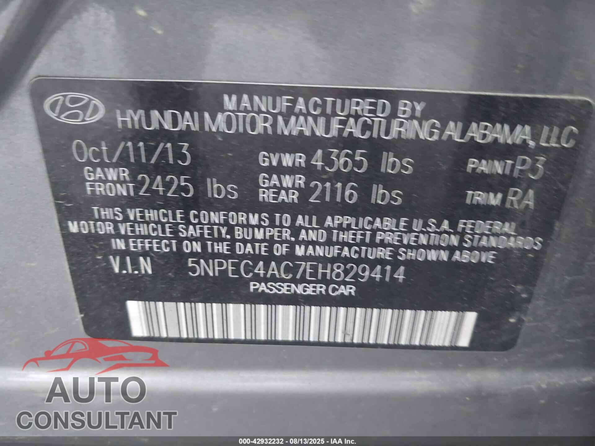 HYUNDAI SONATA 2014 - 5NPEC4AC7EH829414