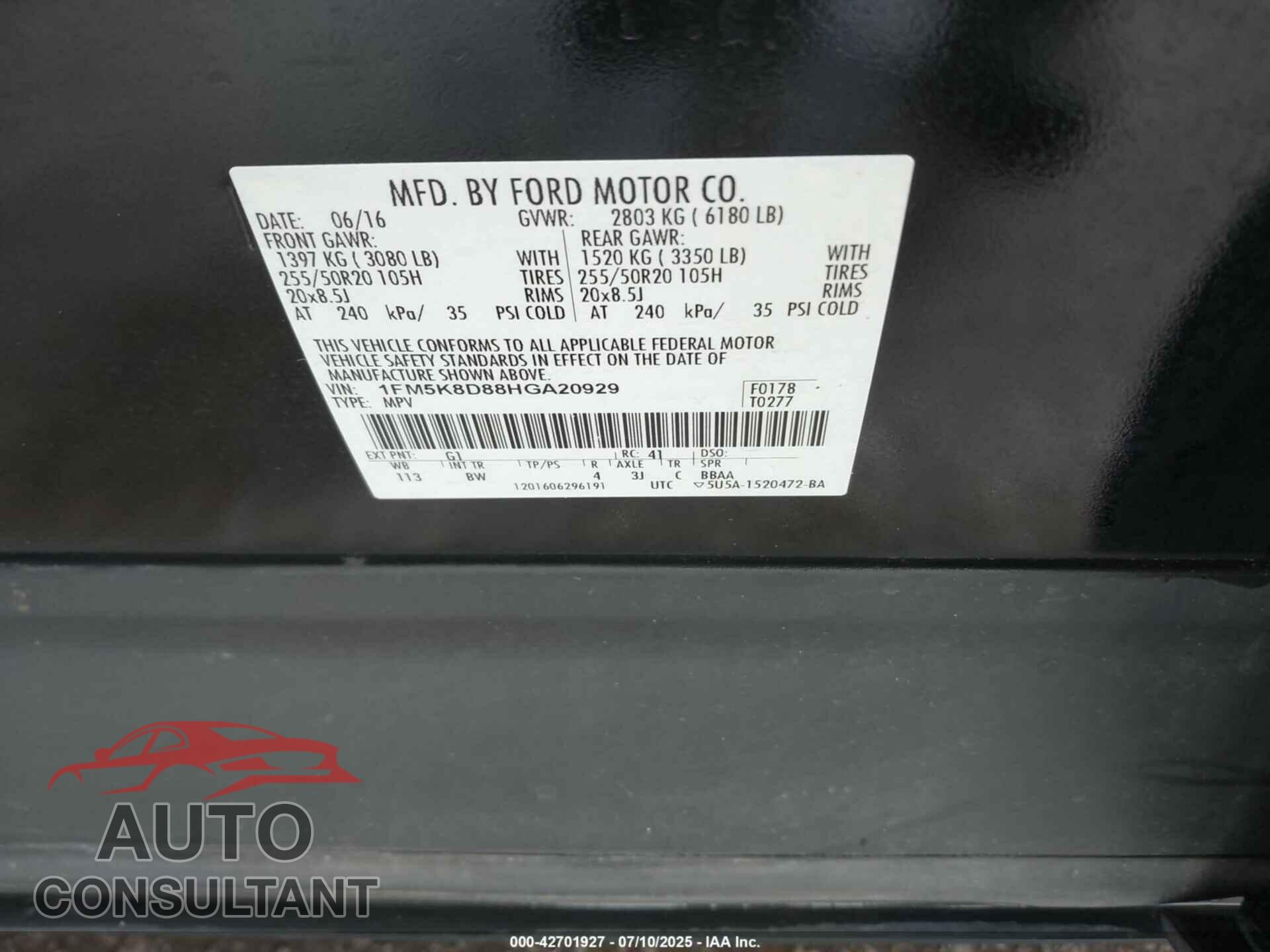 FORD EXPLORER 2017 - 1FM5K8D88HGA20929