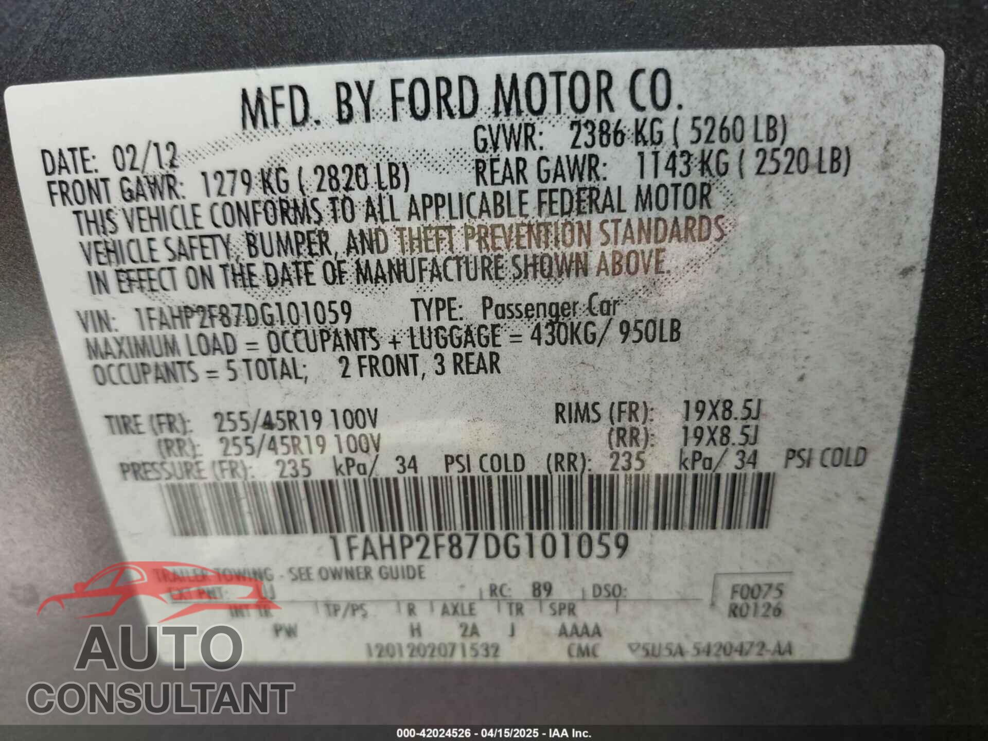 FORD TAURUS 2013 - 1FAHP2F87DG101059