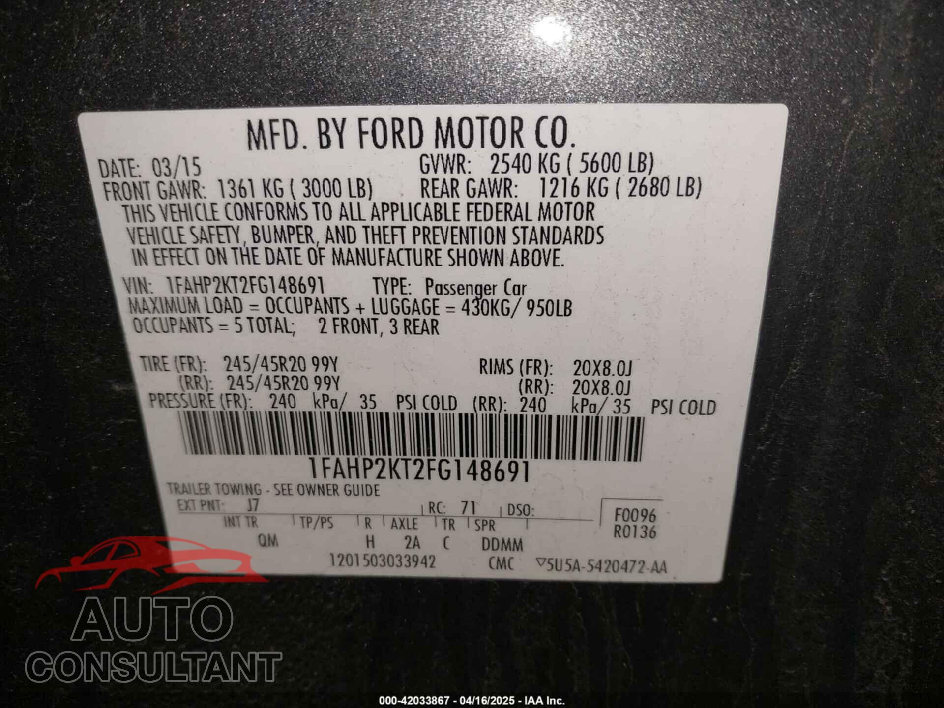 FORD TAURUS 2015 - 1FAHP2KT2FG148691