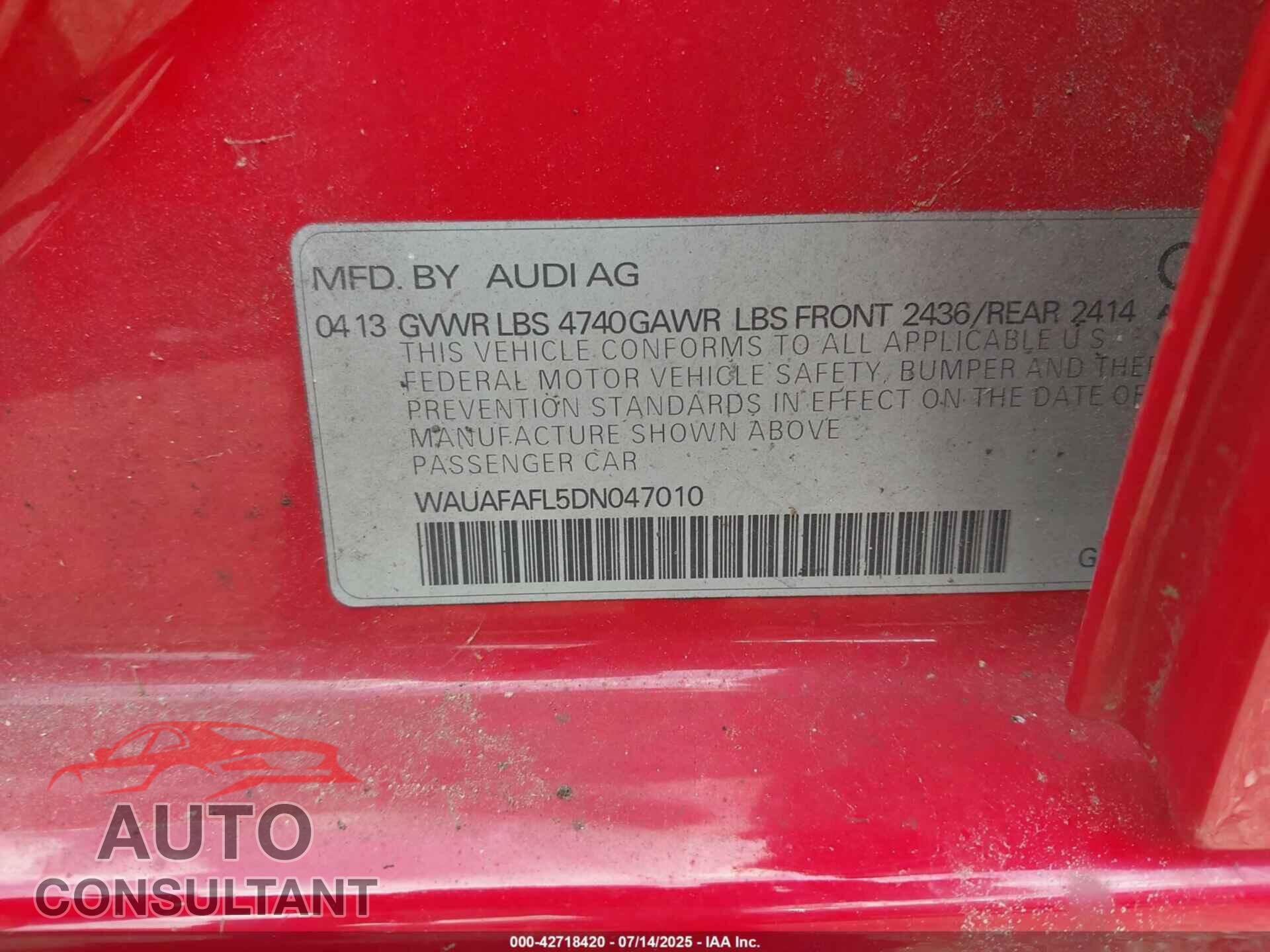 AUDI A4 2013 - WAUAFAFL5DN047010