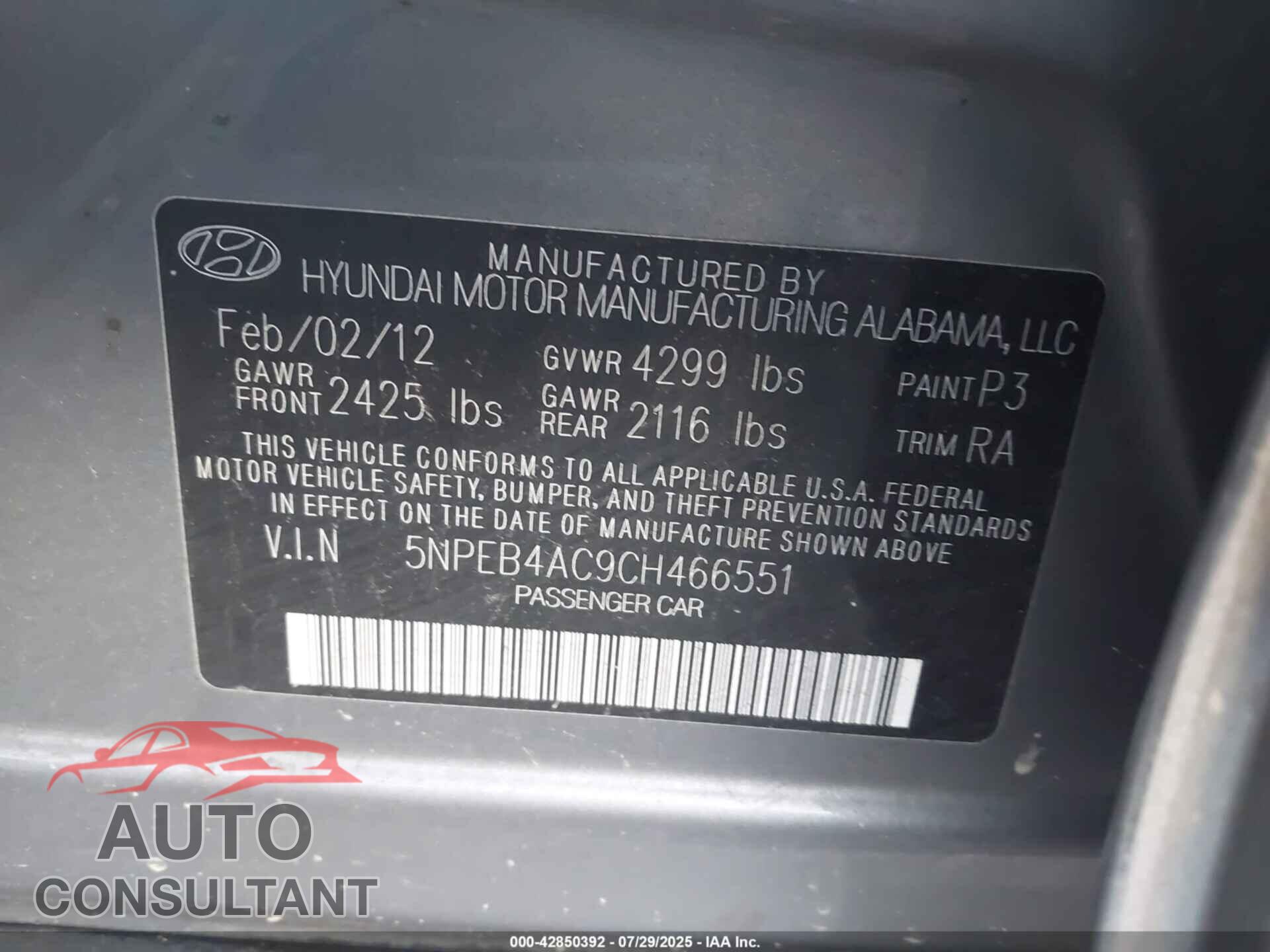 HYUNDAI SONATA 2012 - 5NPEB4AC9CH466551