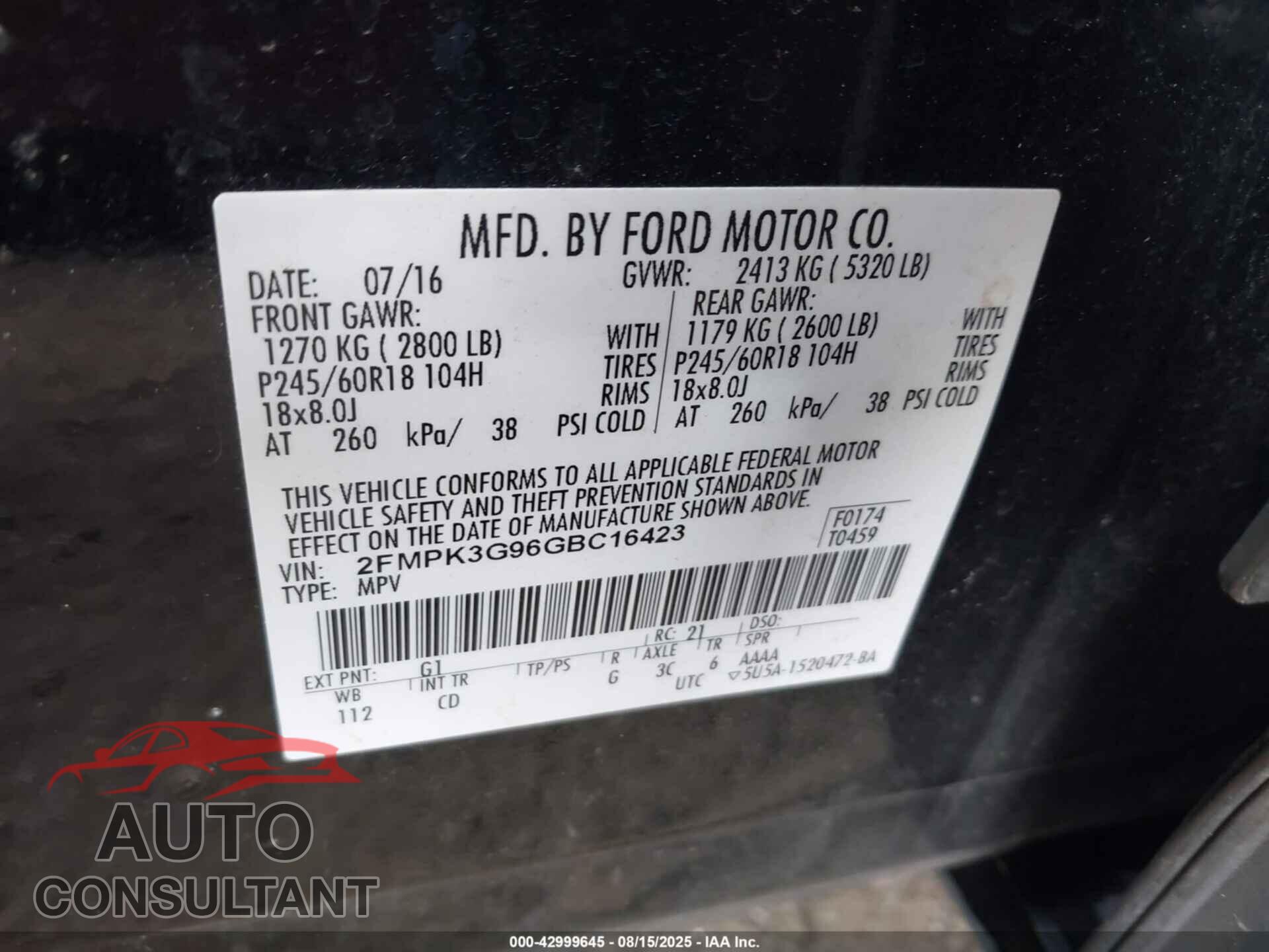 FORD EDGE 2016 - 2FMPK3G96GBC16423