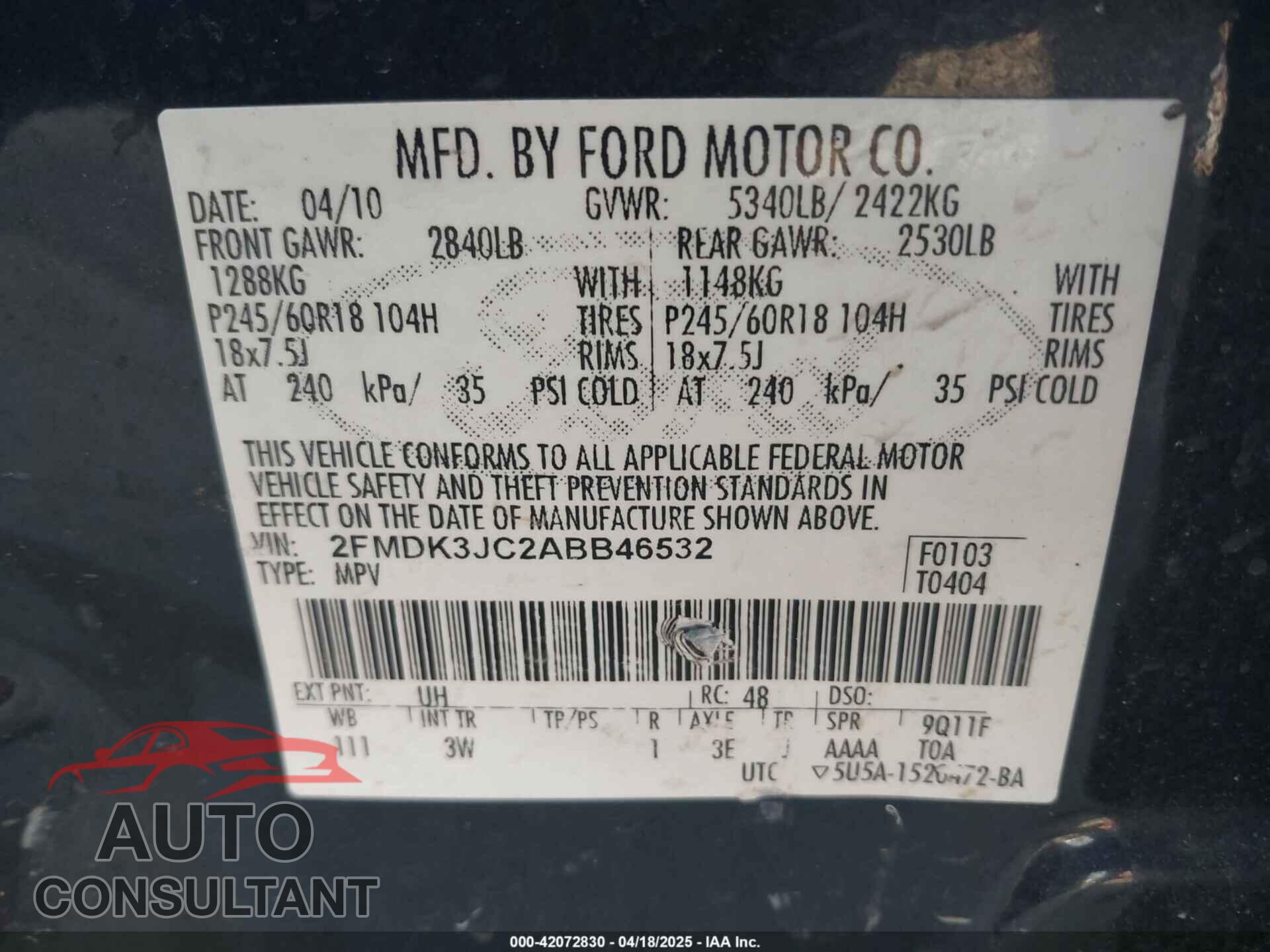 FORD EDGE 2010 - 2FMDK3JC2ABB46532