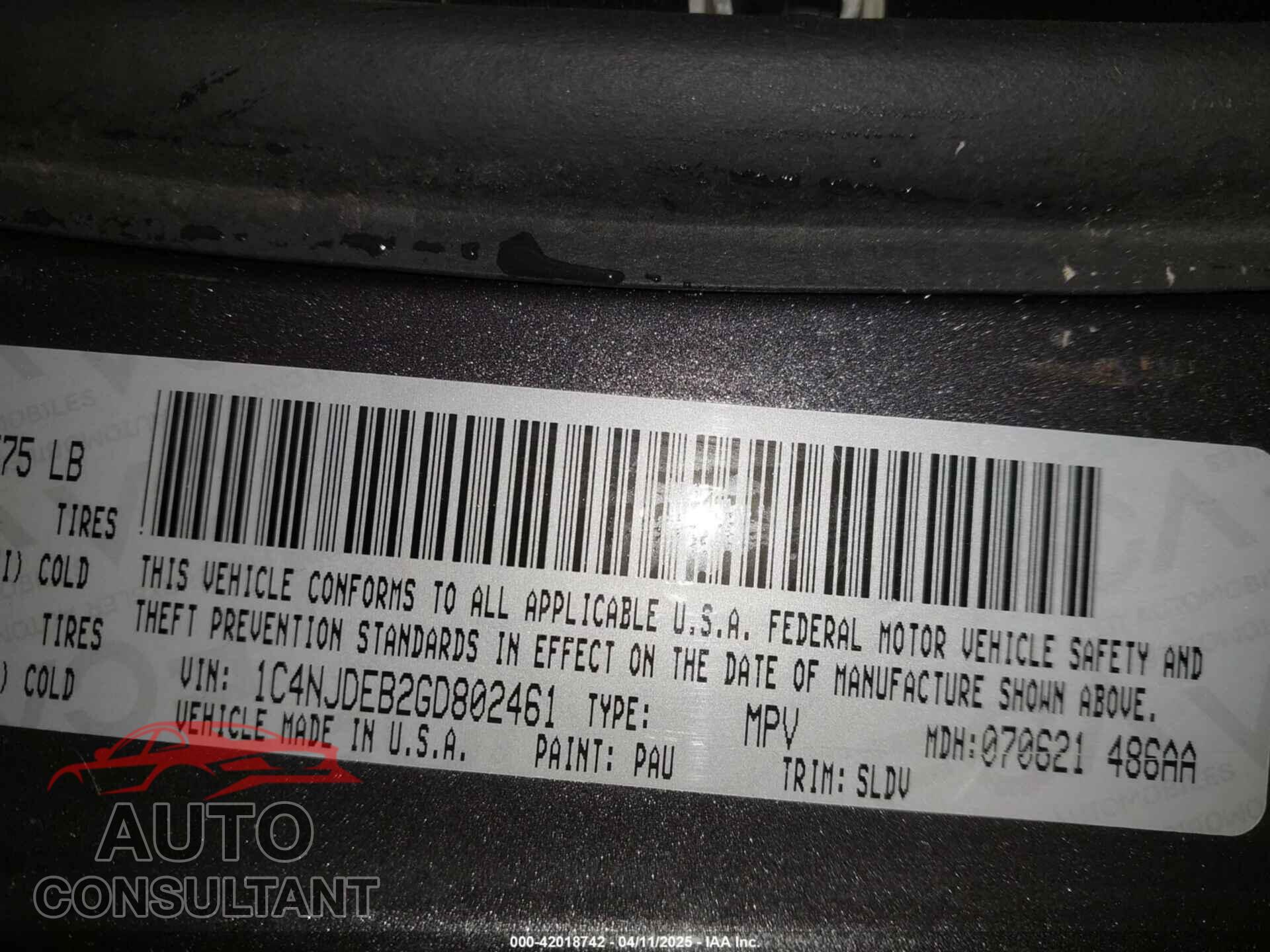 JEEP COMPASS 2016 - 1C4NJDEB2GD802461