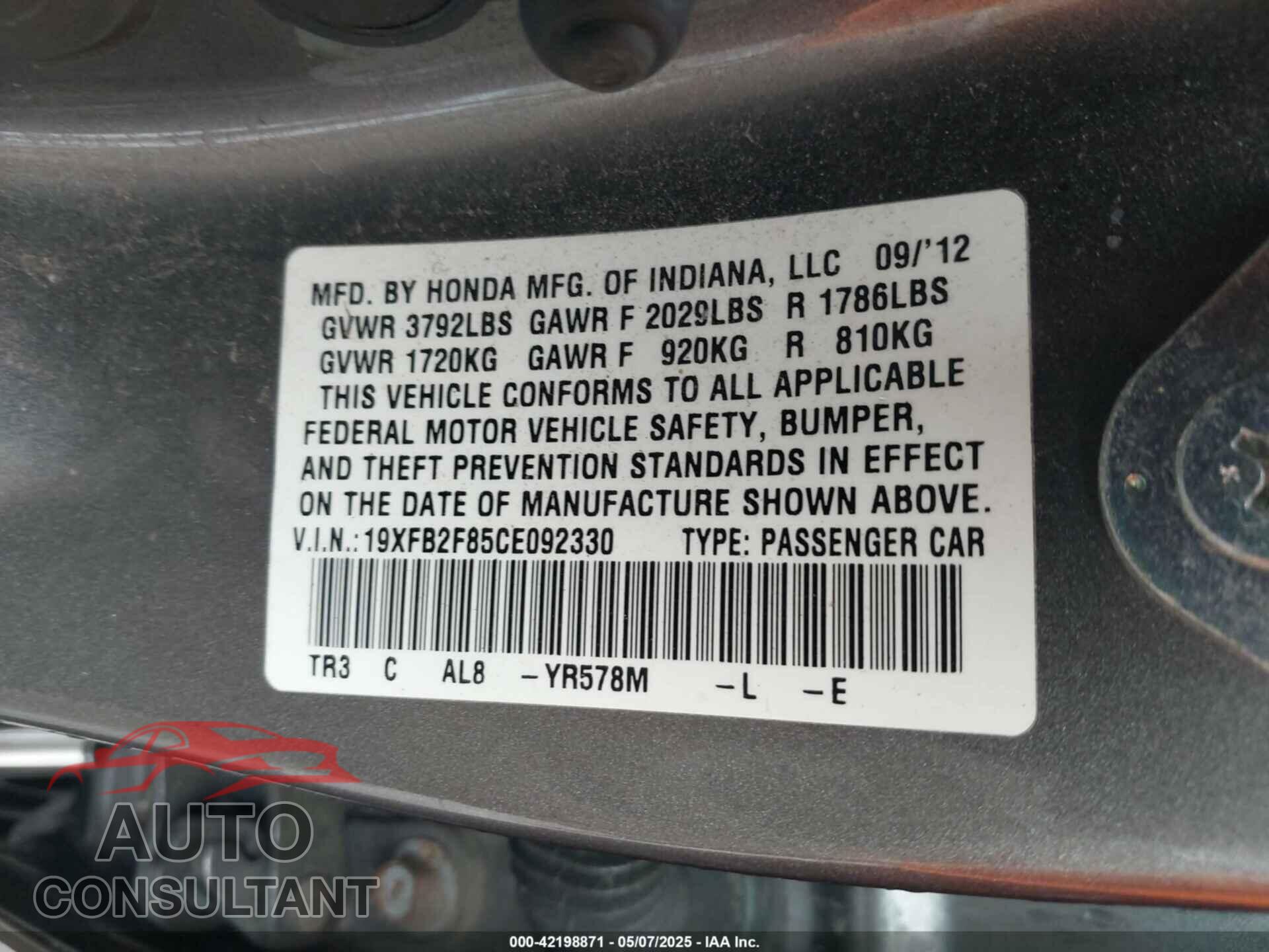 HONDA CIVIC 2012 - 19XFB2F85CE092330