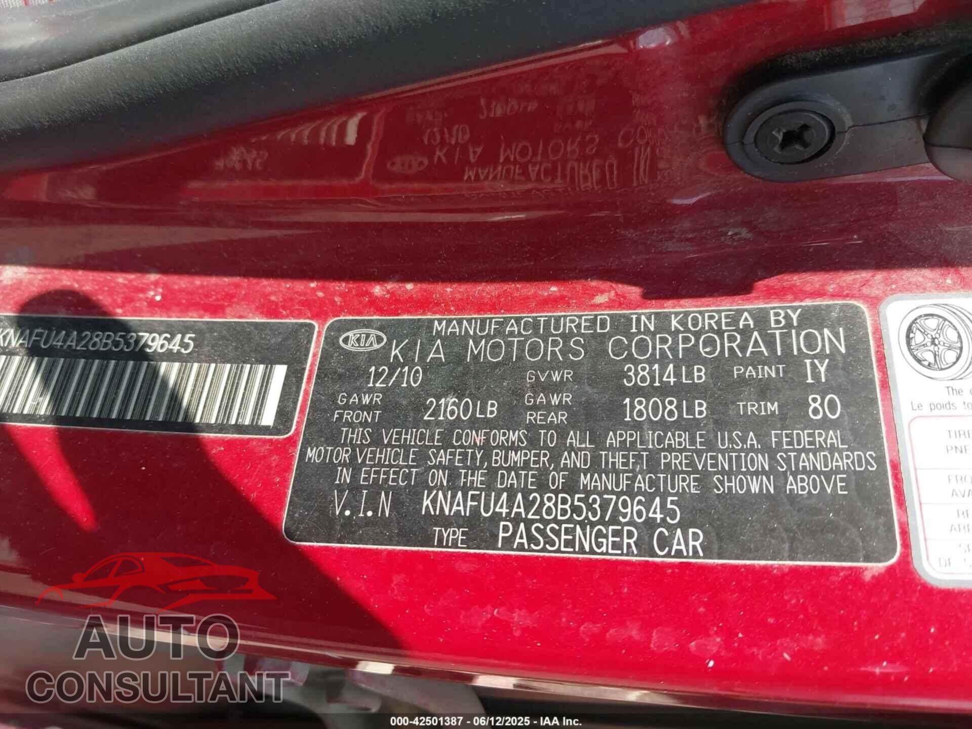 KIA FORTE 2011 - KNAFU4A28B5379645
