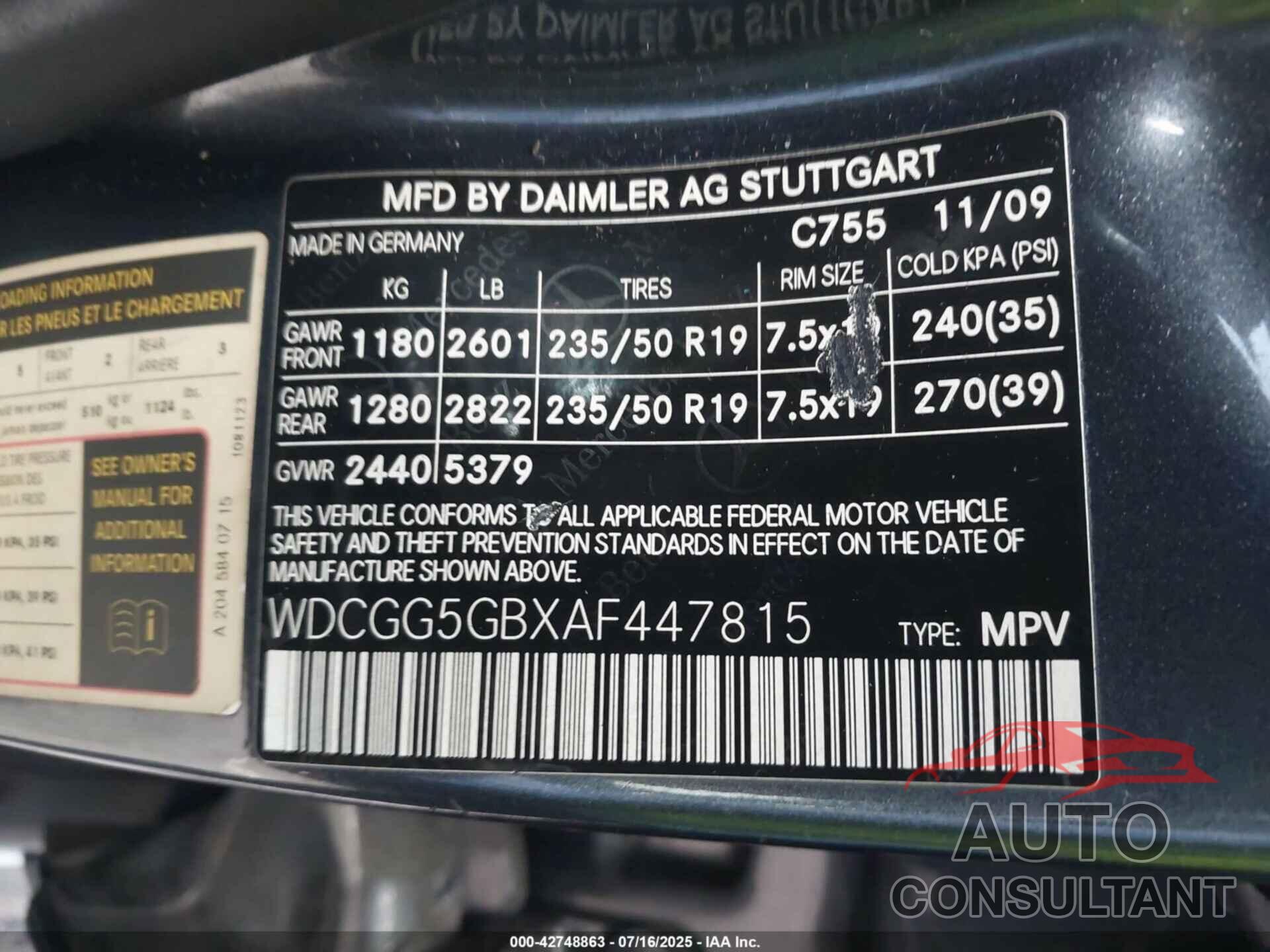 MERCEDES-BENZ GLK 350 2010 - WDCGG5GBXAF447815