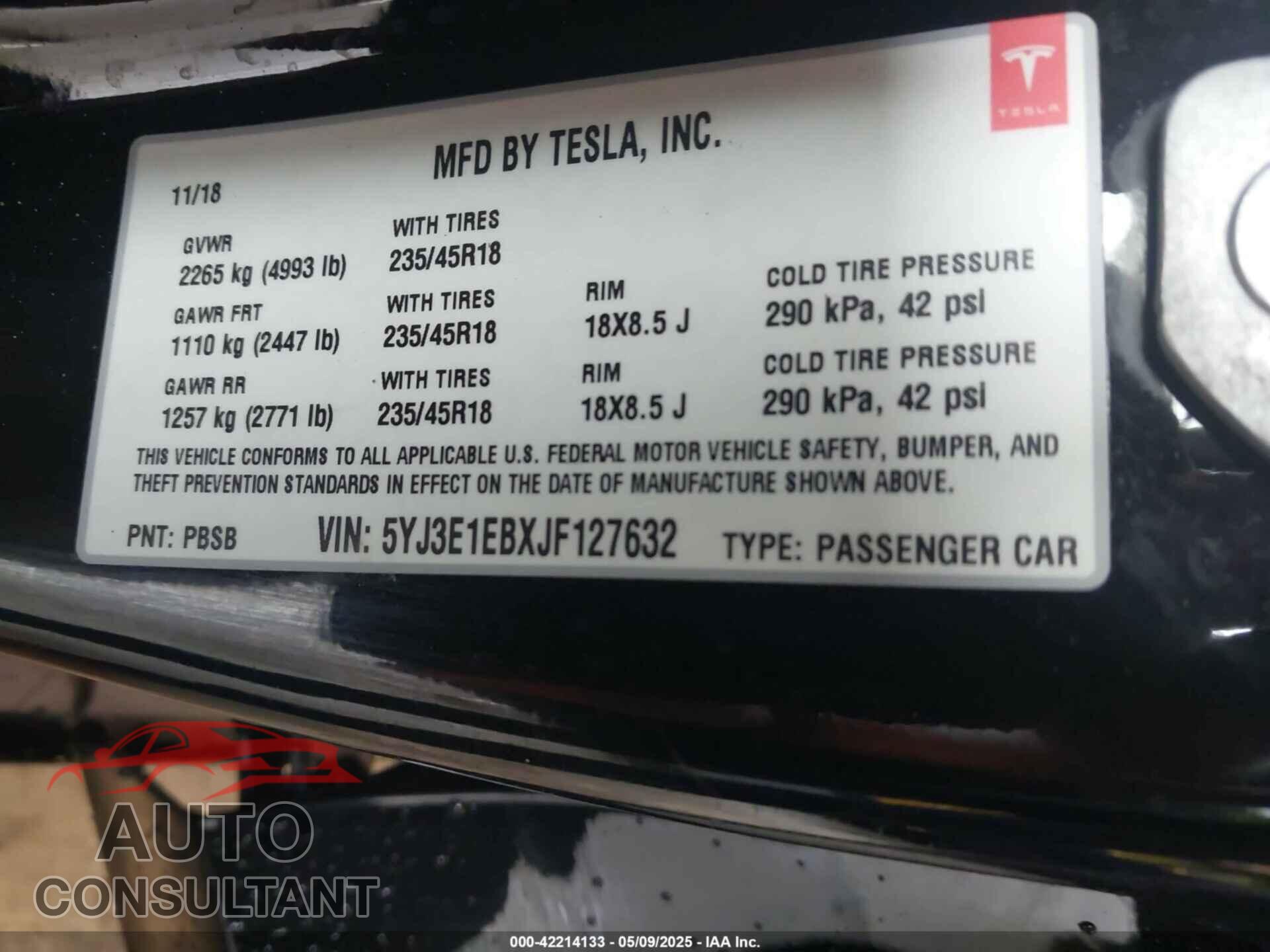 TESLA MODEL 3 2018 - 5YJ3E1EBXJF127632