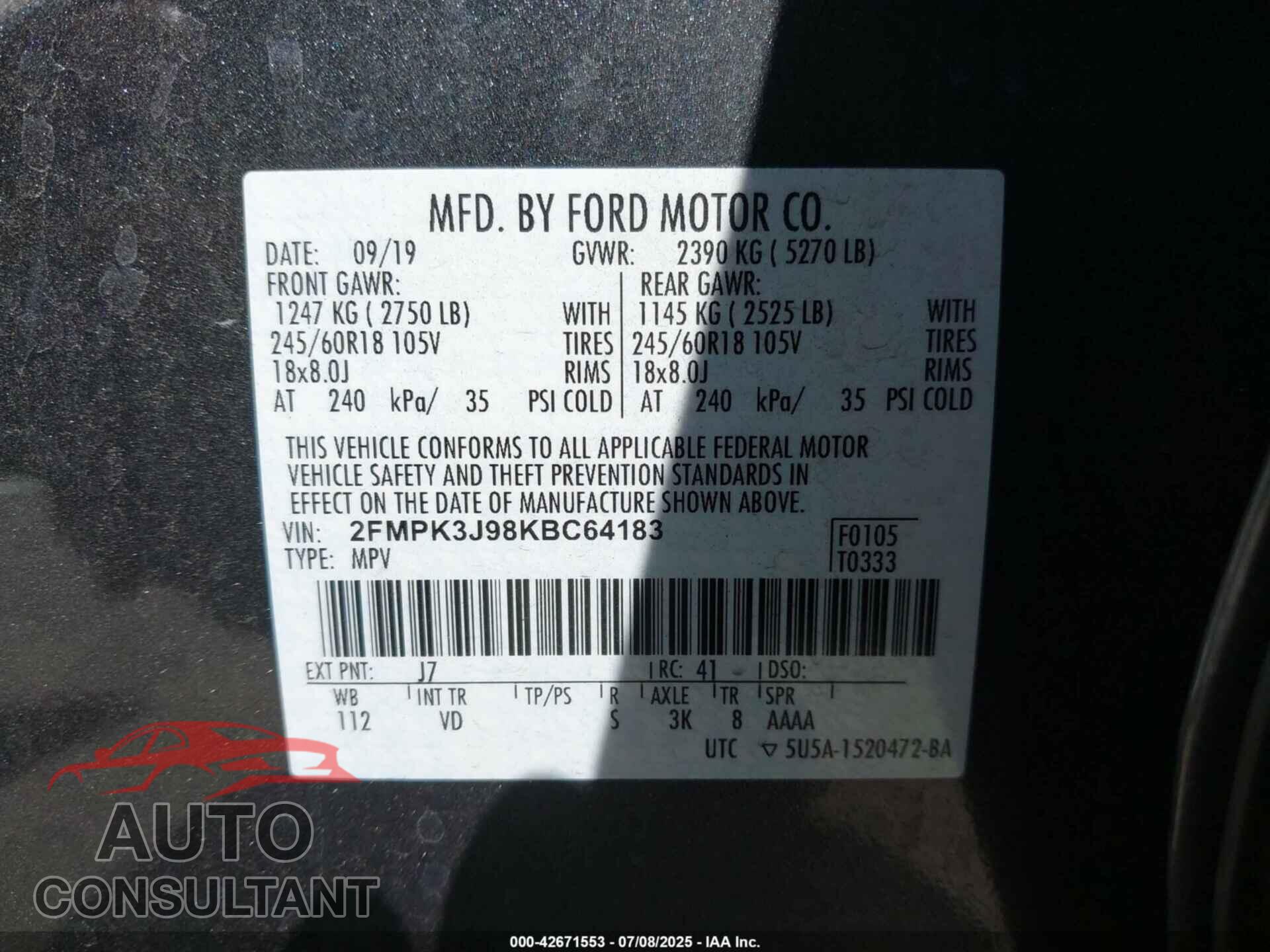 FORD EDGE 2019 - 2FMPK3J98KBC64183