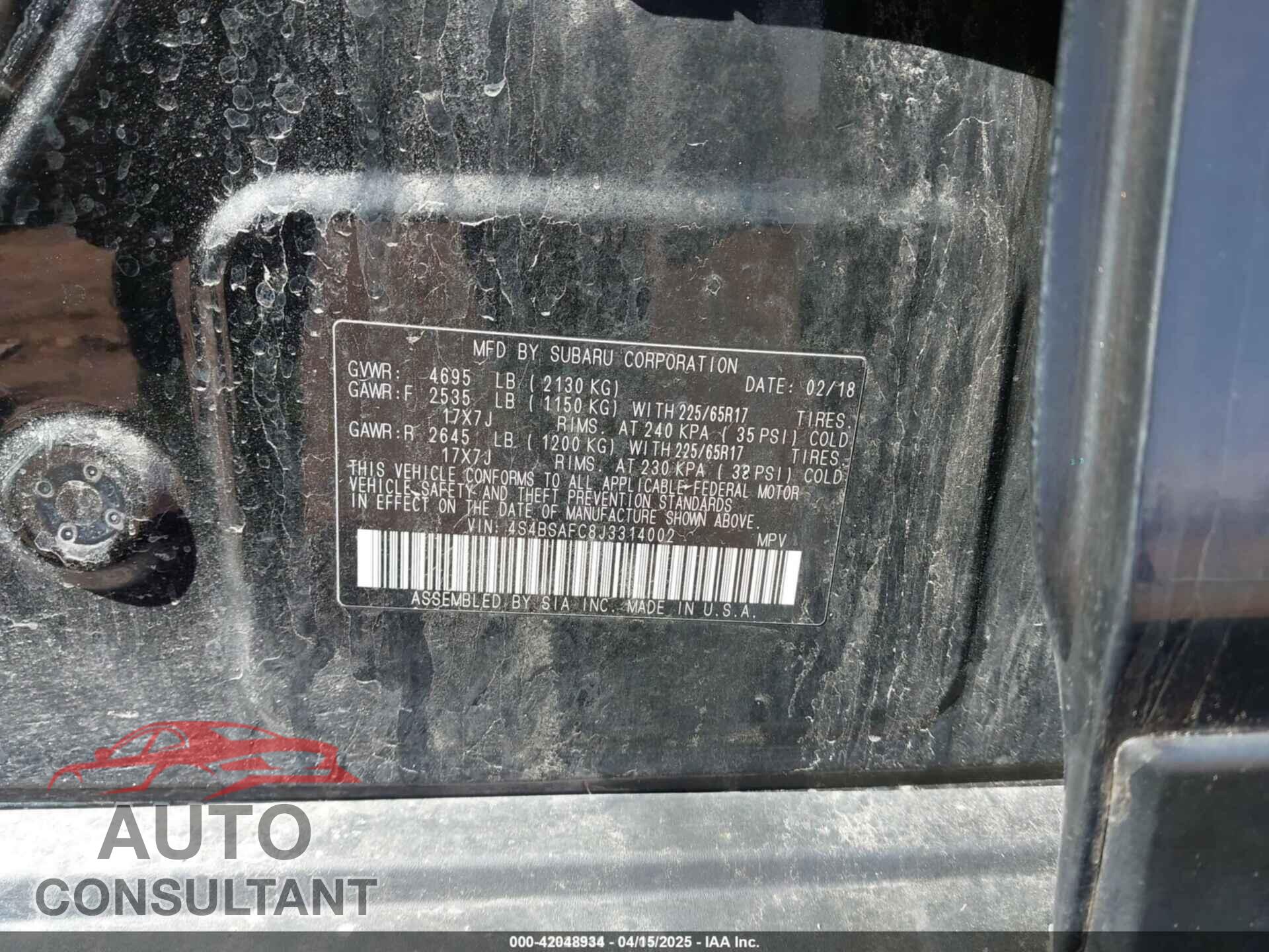 SUBARU OUTBACK 2018 - 4S4BSAFC8J3314002