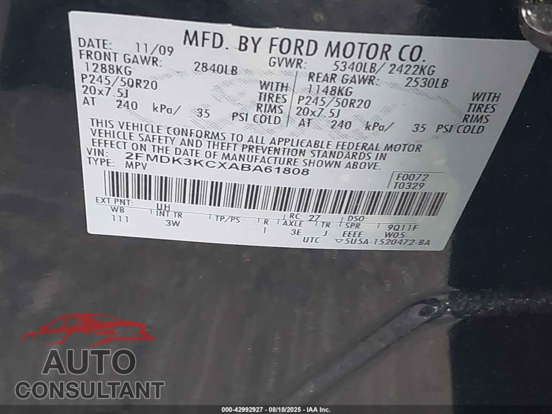 FORD EDGE 2010 - 2FMDK3KCXABA61808