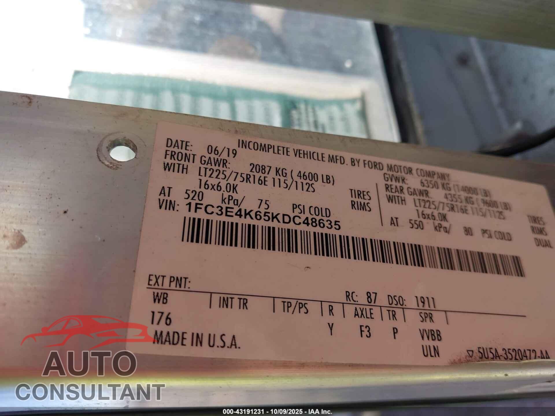 FORD E-450 STRIPPED 2019 - 1FC3E4K65KDC48635