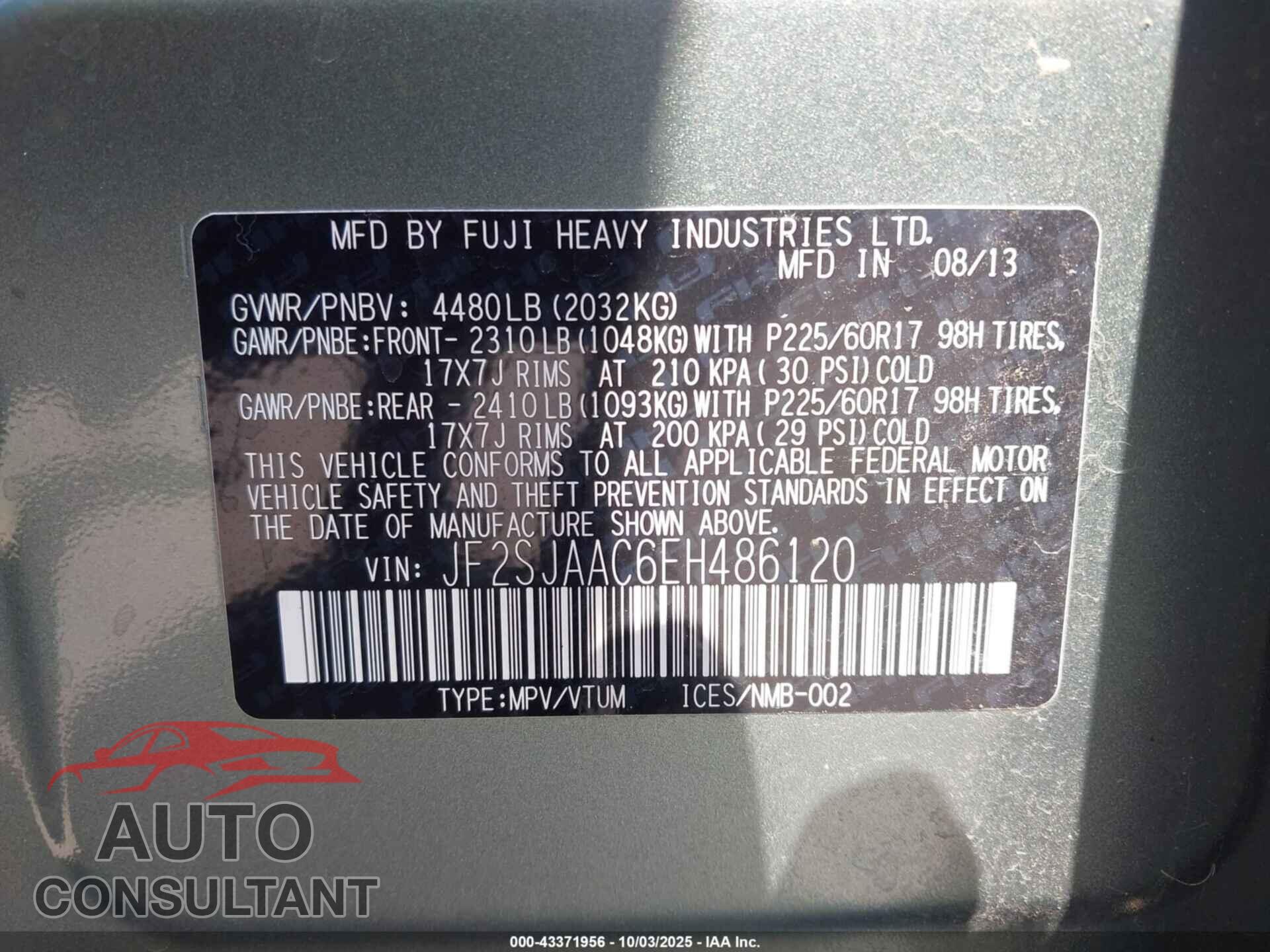 SUBARU FORESTER 2014 - JF2SJAAC6EH486120