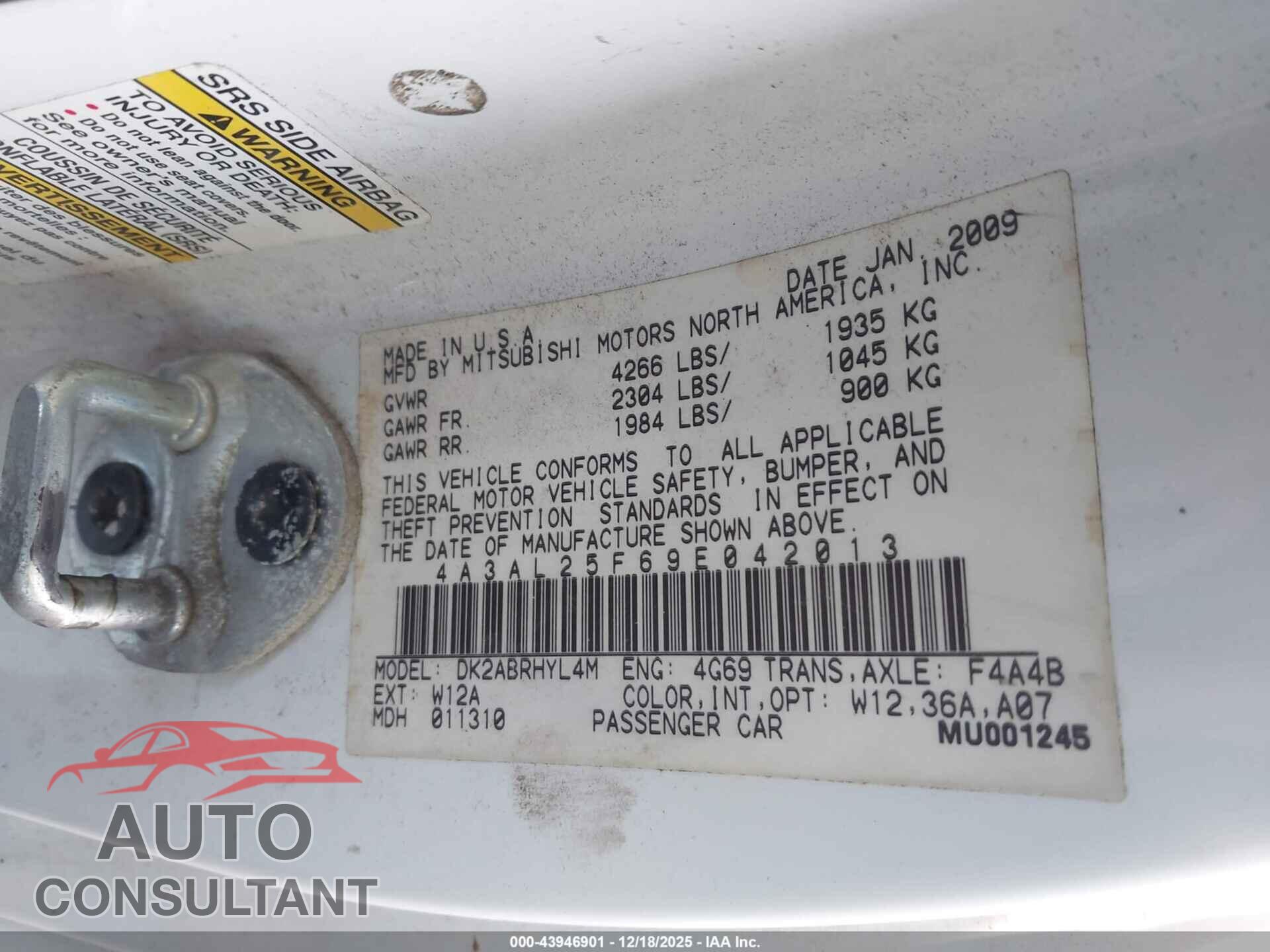 MITSUBISHI ECLIPSE SPYDER 2009 - 4A3AL25F69E042013