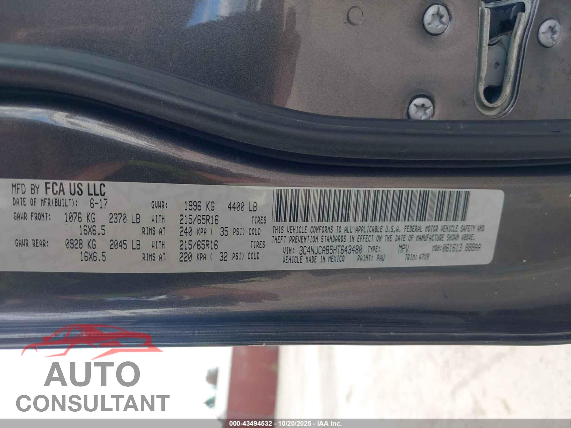 JEEP NEW COMPASS 2017 - 3C4NJCAB5HT643480