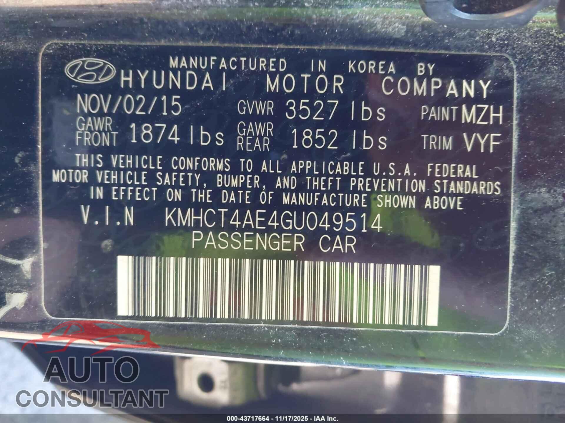 HYUNDAI ACCENT 2016 - KMHCT4AE4GU049514