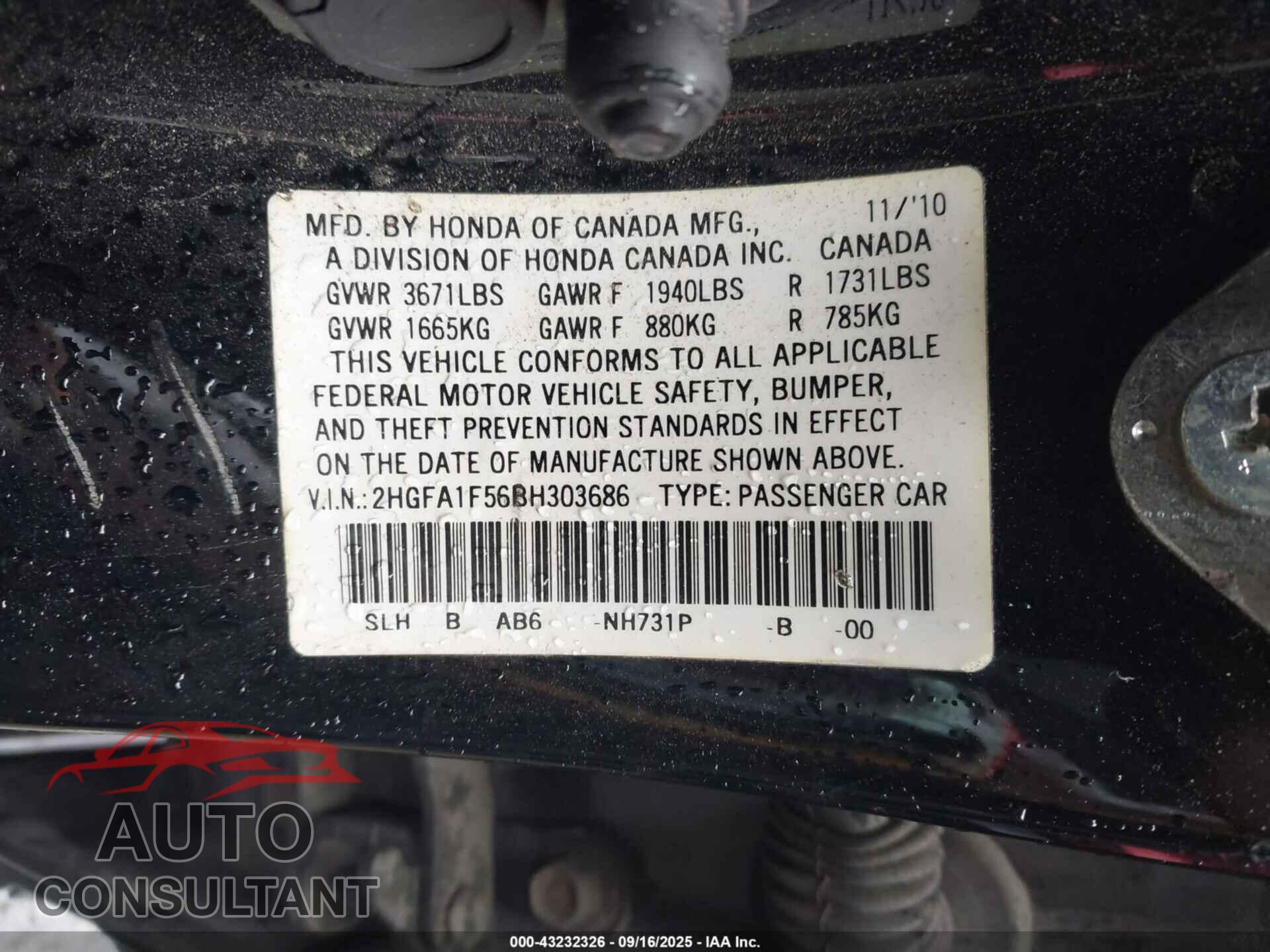 HONDA CIVIC 2011 - 2HGFA1F56BH303686