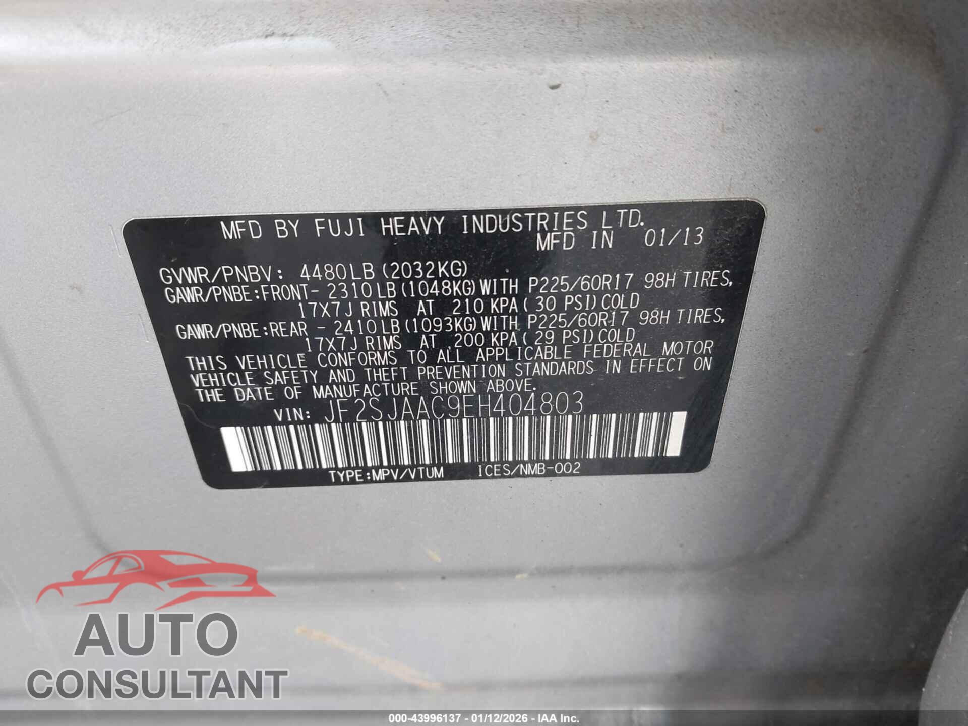 SUBARU FORESTER 2014 - JF2SJAAC9EH404803