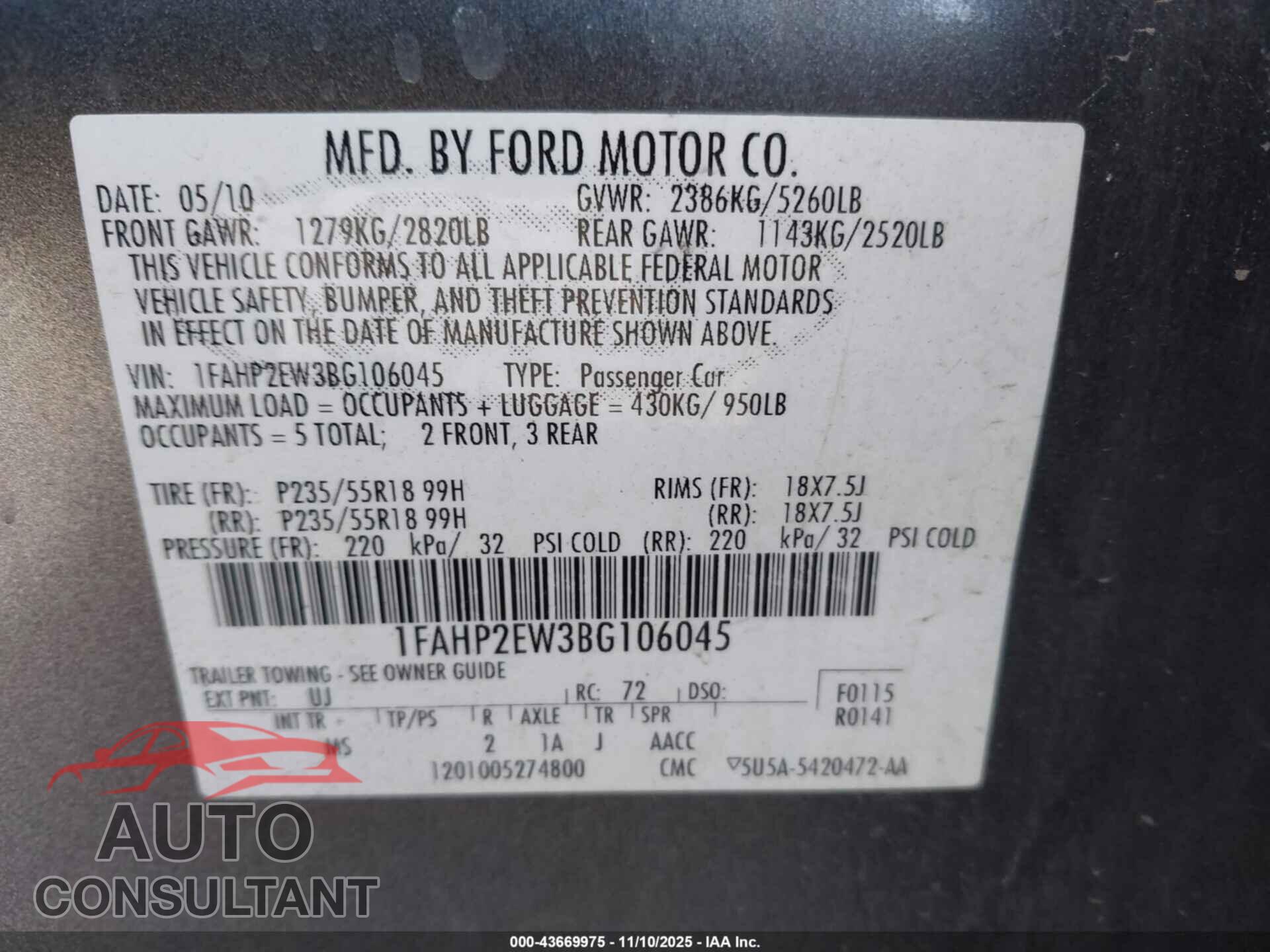 FORD TAURUS 2011 - 1FAHP2EW3BG106045