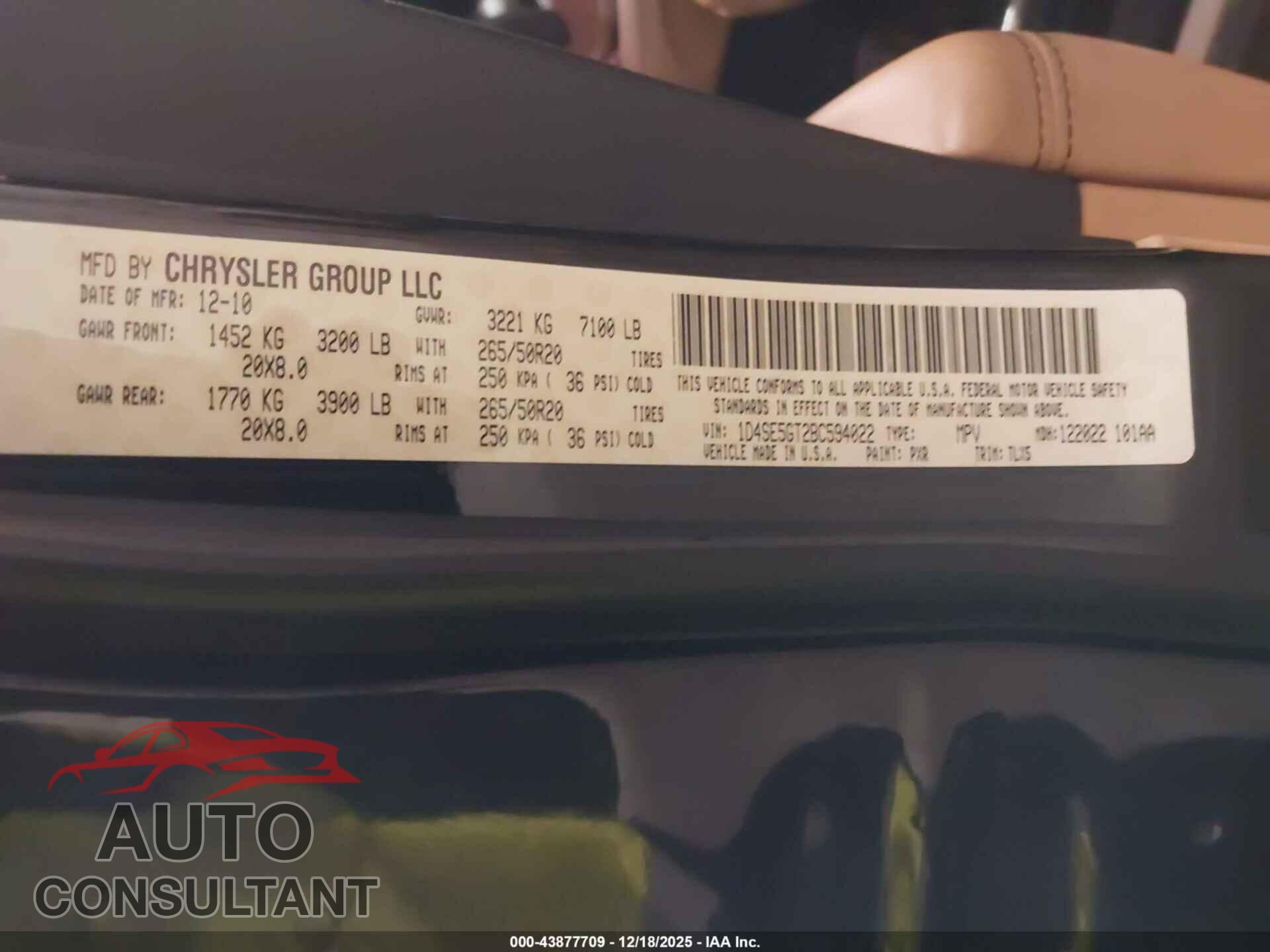 DODGE DURANGO 2011 - 1D4SE5GT2BC594022