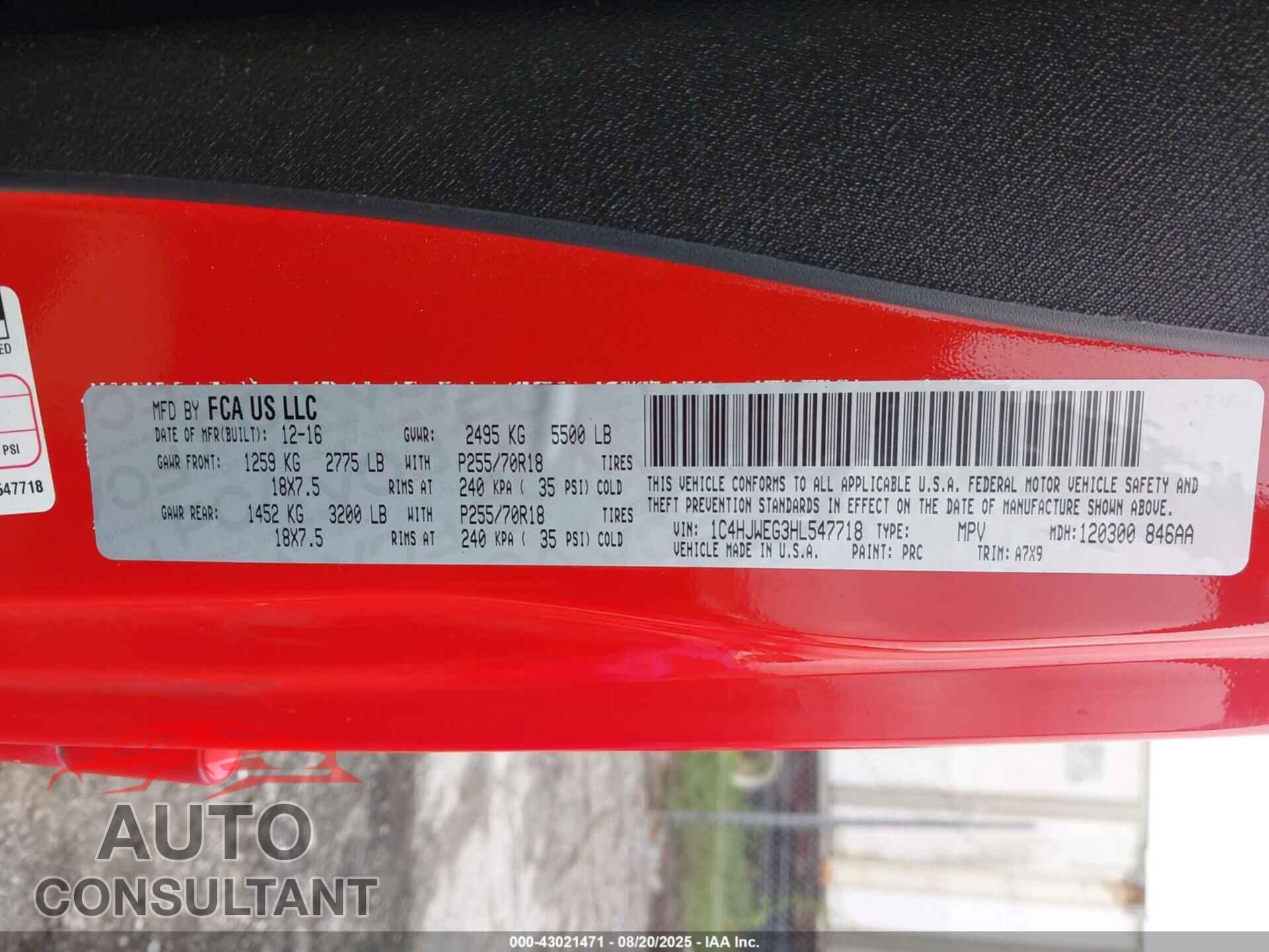 JEEP WRANGLER UNLIMITED 2017 - 1C4HJWEG3HL547718