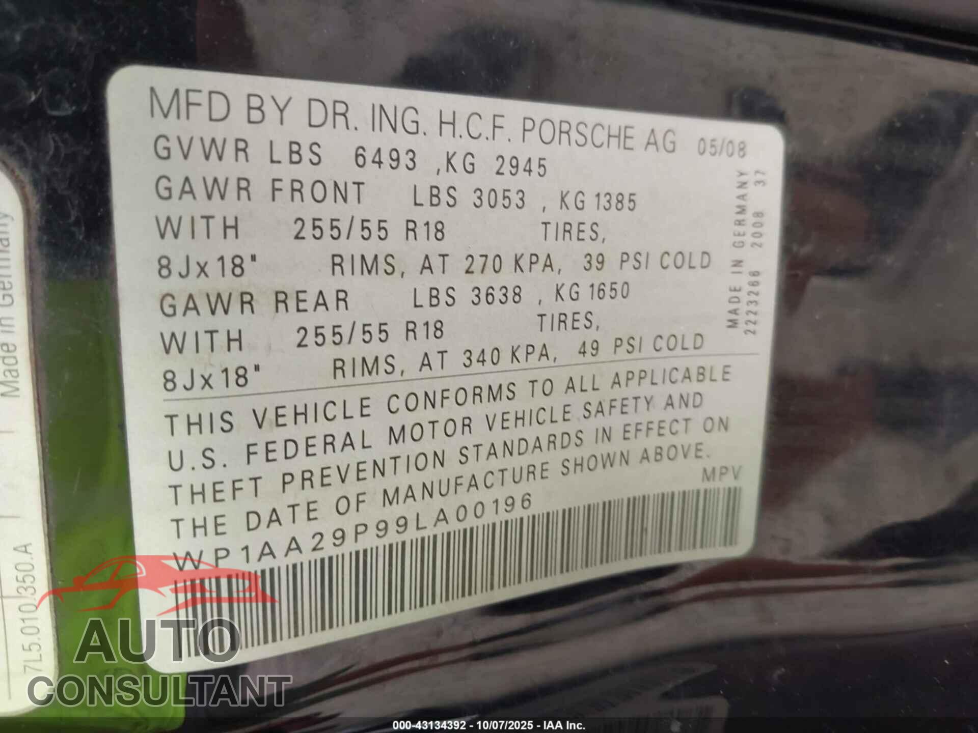 PORSCHE CAYENNE 2009 - WP1AA29P99LA00196