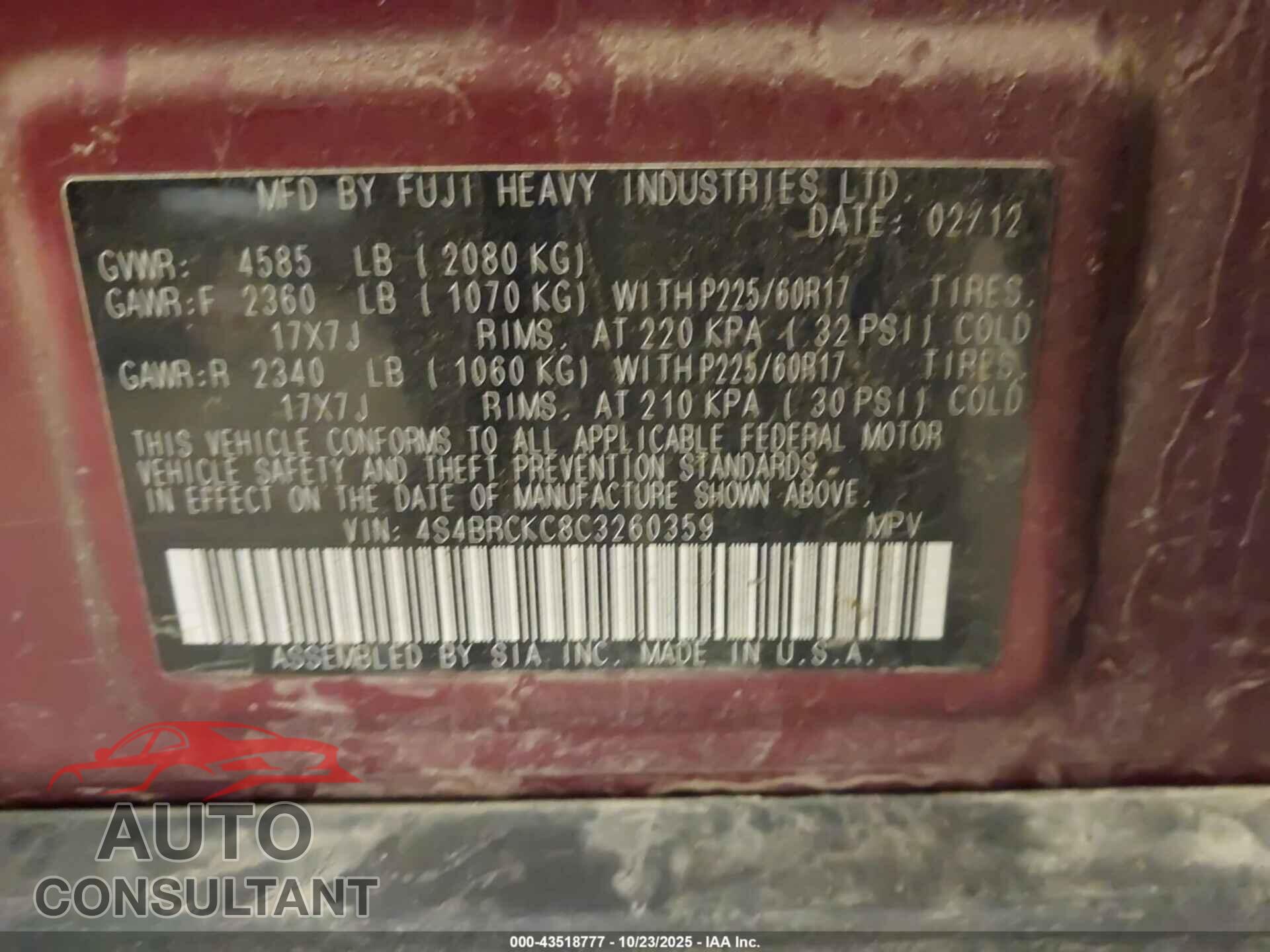 SUBARU OUTBACK 2012 - 4S4BRCKC8C3260359