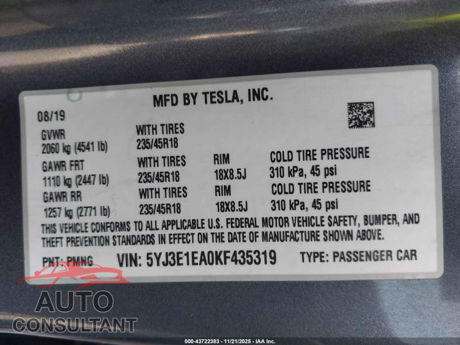 TESLA MODEL 3 2019 - 5YJ3E1EA0KF435319