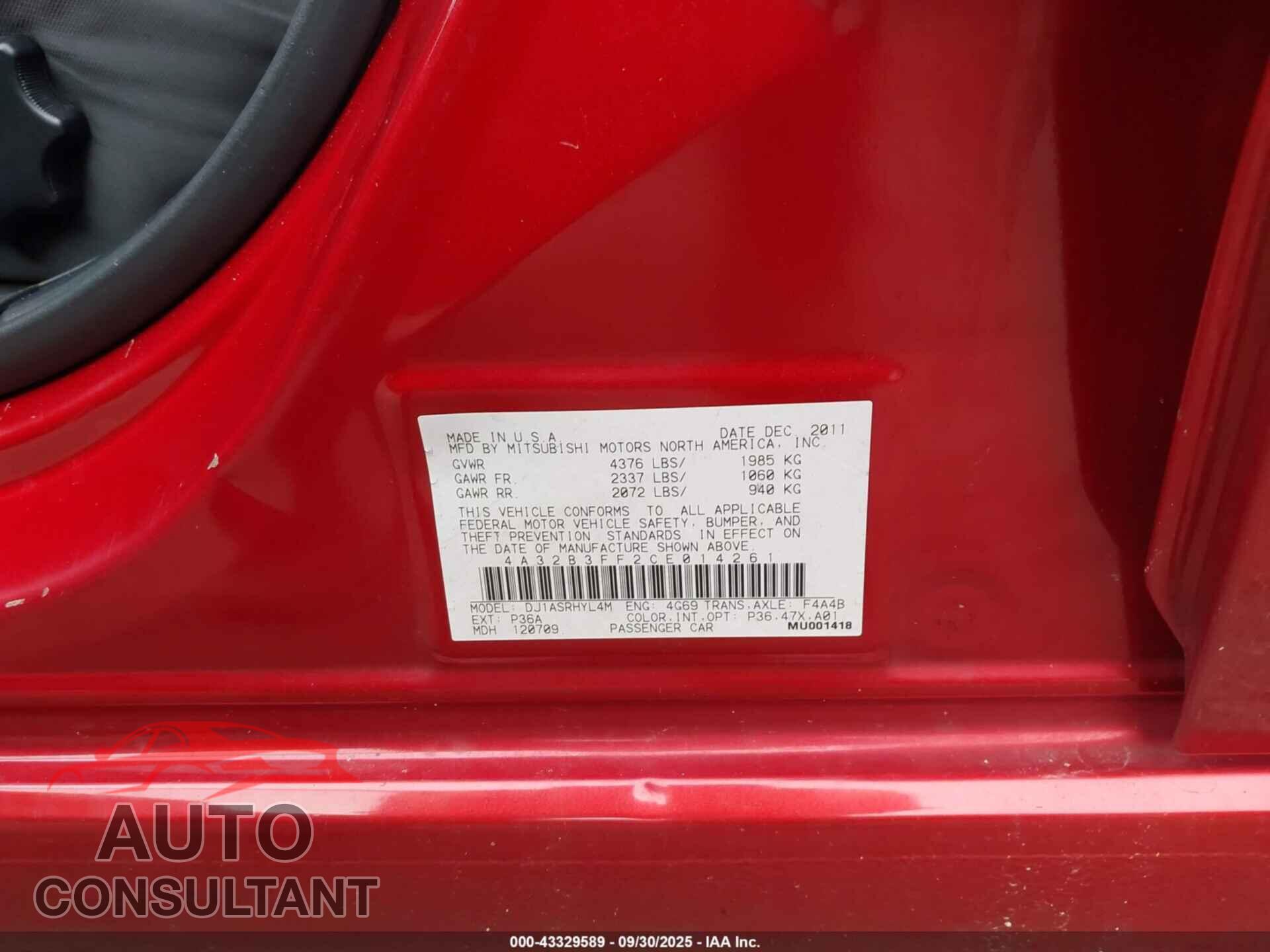 MITSUBISHI GALANT 2012 - 4A32B3FF2CE014261