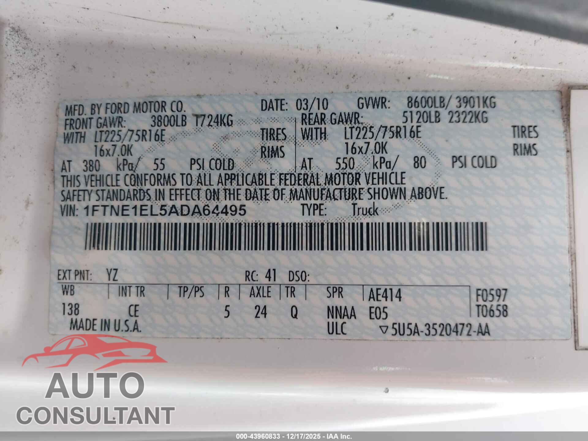 FORD E-150 2010 - 1FTNE1EL5ADA64495