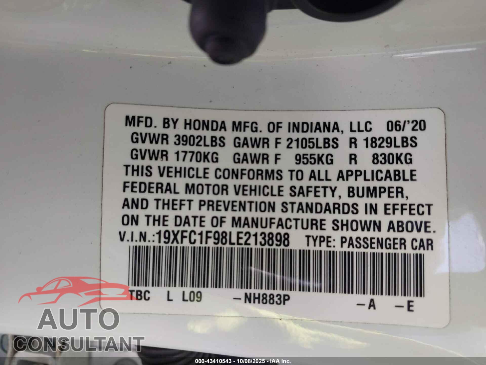 HONDA CIVIC 2020 - 19XFC1F98LE213898