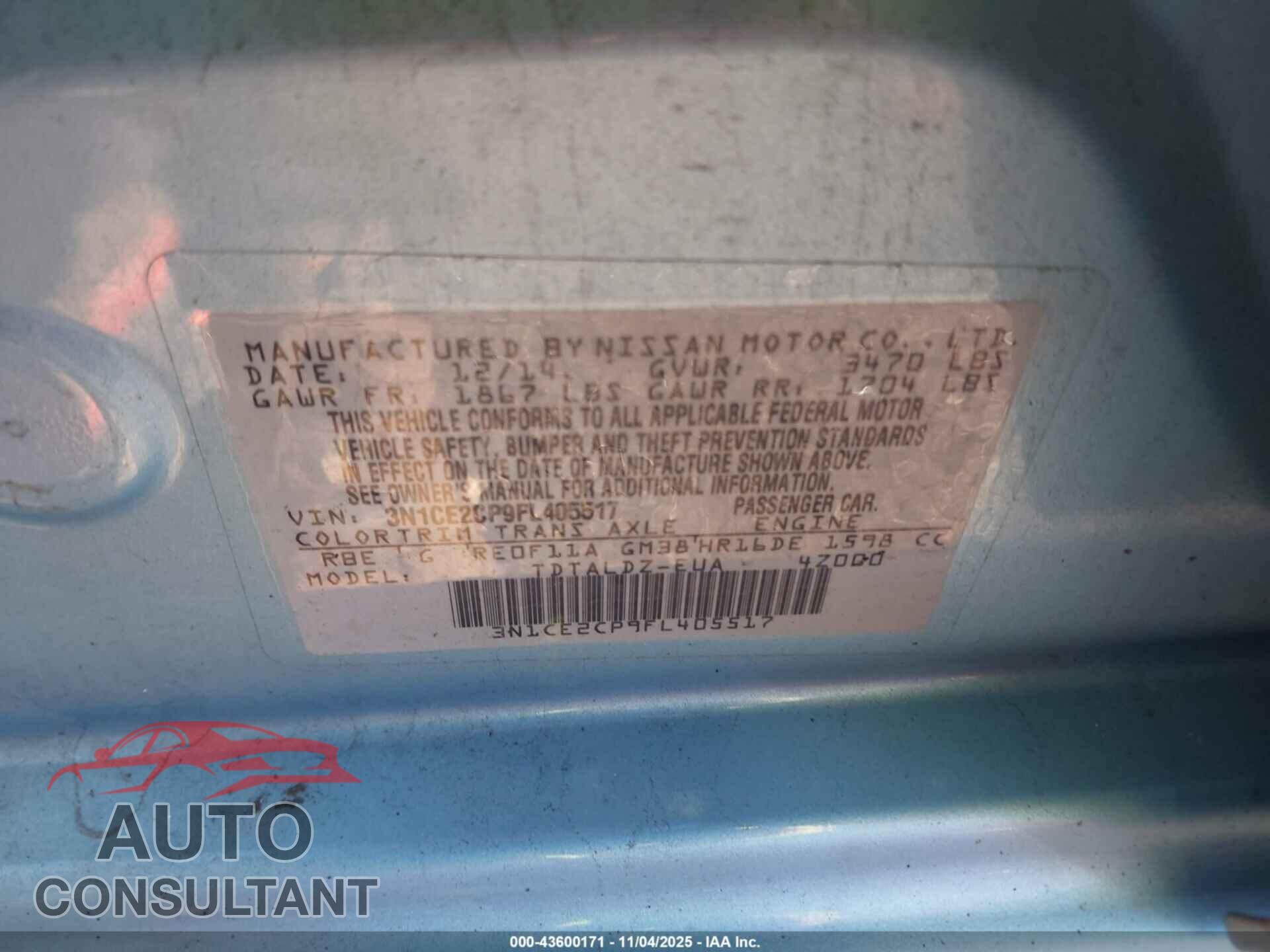 NISSAN VERSA NOTE 2015 - 3N1CE2CP9FL405517